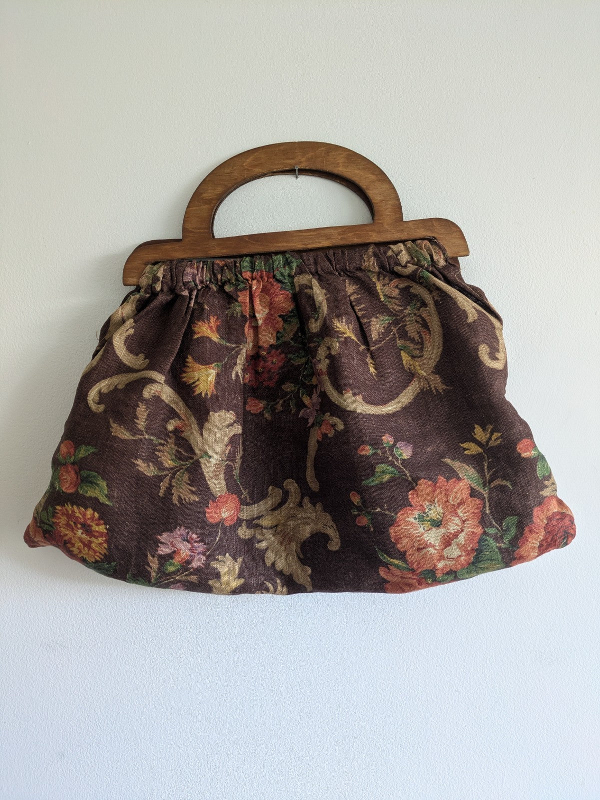 Vintage Wooden Handle Floral Print Handbag Clutch Bag Knitting Sewing Sanderson