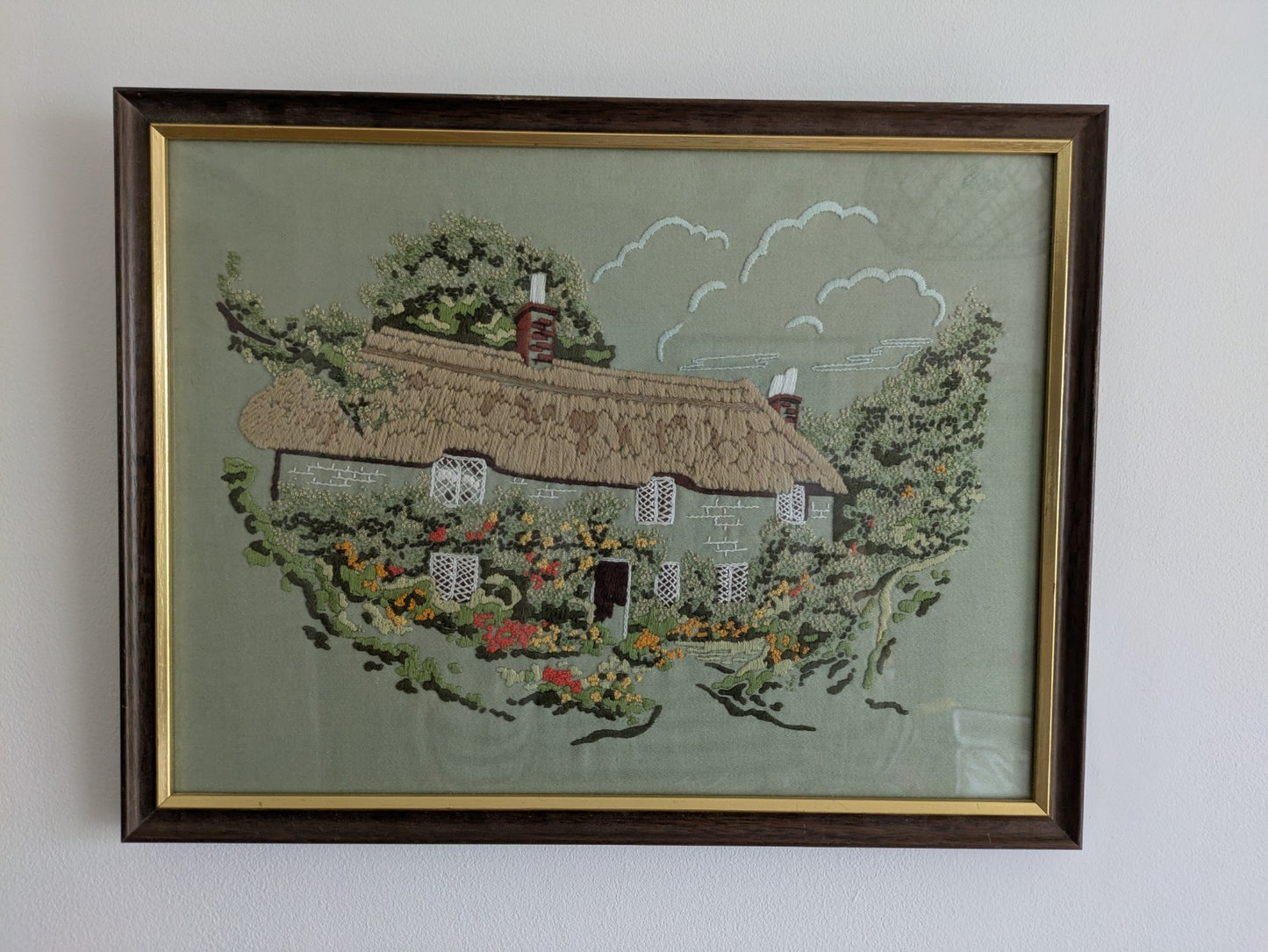 Vintage Old Needlework Crewel Stitchwork Crochet Cottage House Picture English
