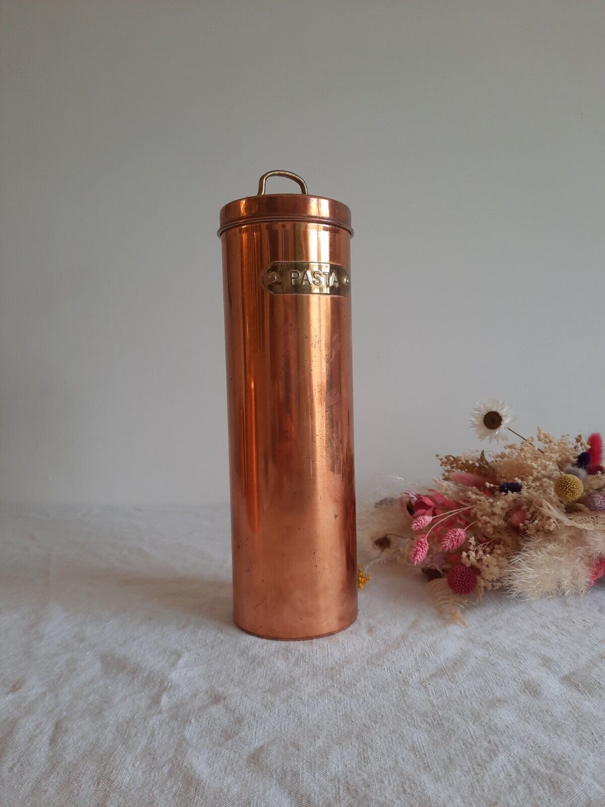 Vintage Tall Copper "Pasta" Tin Container Brass Lettering Jar Display Prop Old