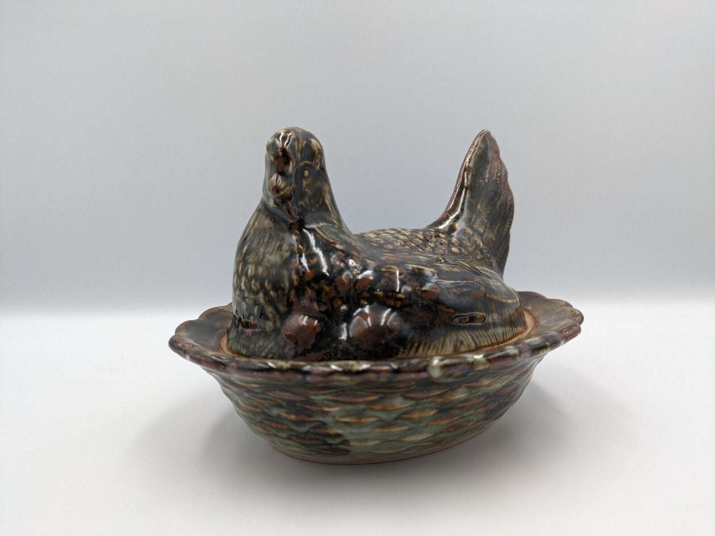 Antique Victorian Brown pottery Hen on Nest egg crock Tureen Terrine Egg Holder