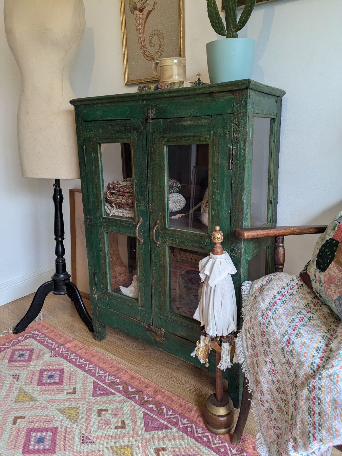 Restored Antique Vintage Indian Cabinet Cupboard Painted Glazed Reclaimed Green