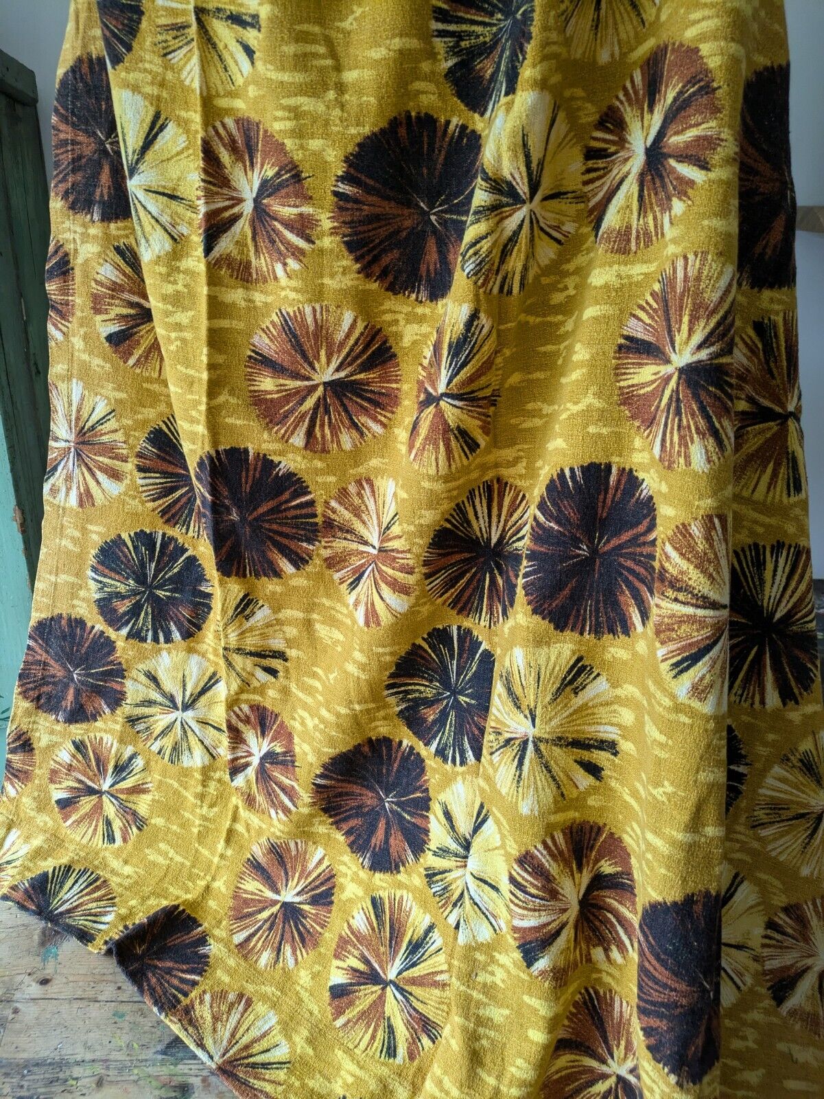 Pair of barkcloth Curtains Yellow rare retro vintage Mustard Spot Floral Bloom