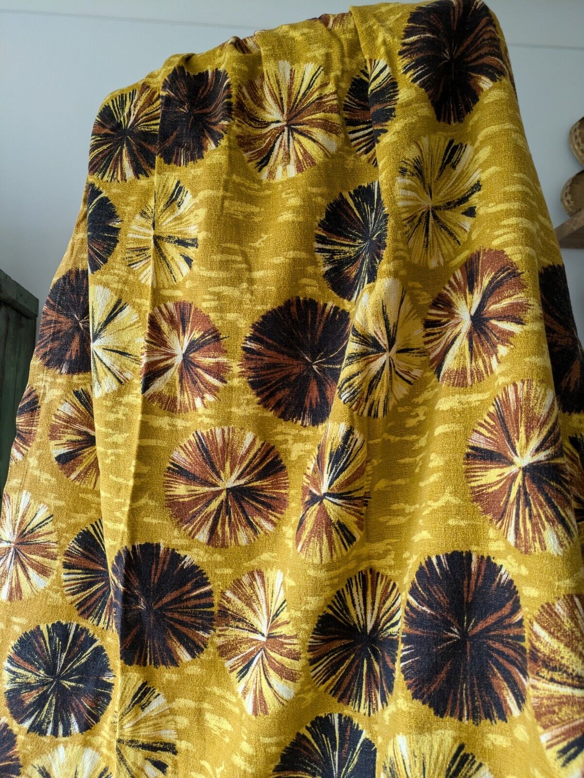 Pair of barkcloth Curtains Yellow rare retro vintage Mustard Spot Floral Bloom