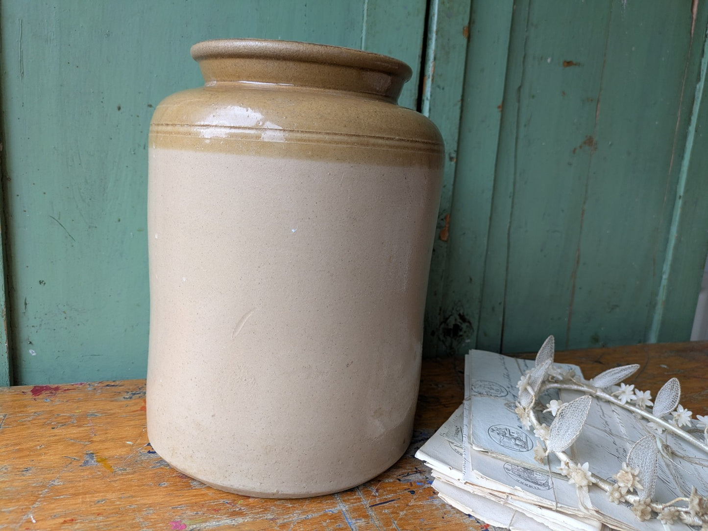 XL Antique Large Stoneware Country Farm House Salt Glazed Pot Utensil Vintage