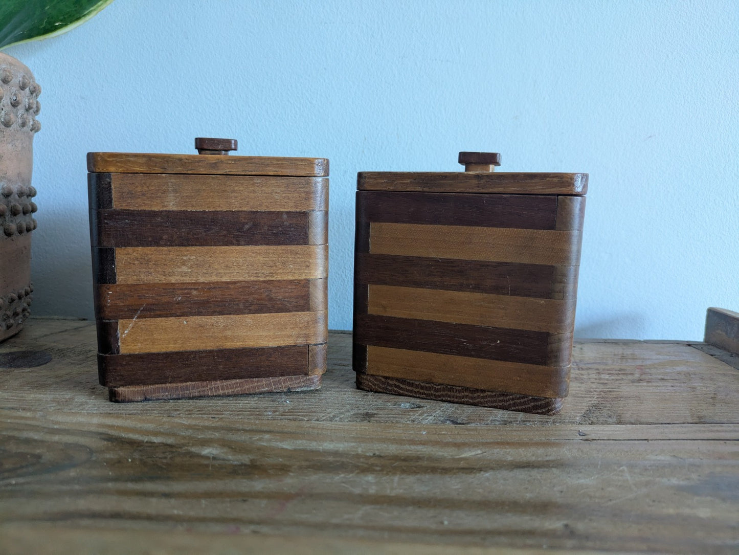 Pair Vtg Wood Two-tone Striped Kitchen Canister Caddy 1960's Mid Century Retro