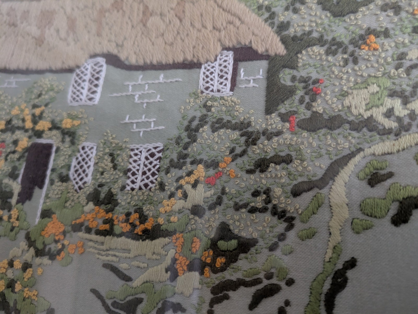 Vintage Old Needlework Crewel Stitchwork Crochet Cottage House Picture English