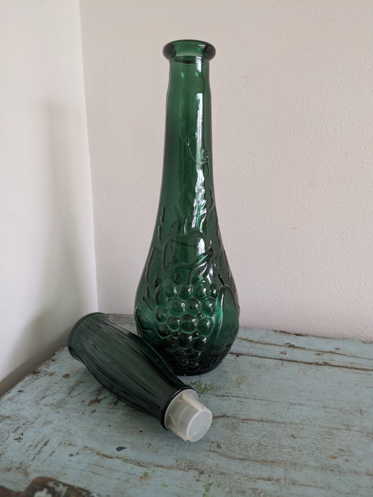 Vintage Green Glass Bottle Decanter With Stopper Fruit Motif DABS Portugal Genie