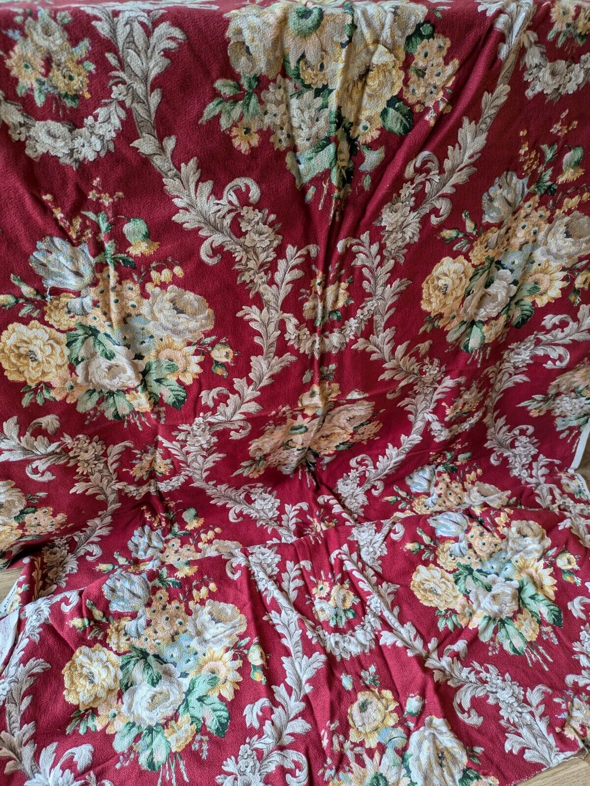 Unused vintage 50's Beaufort barkcloth fabric 116.5cm X 2.56m red Floral Rose
