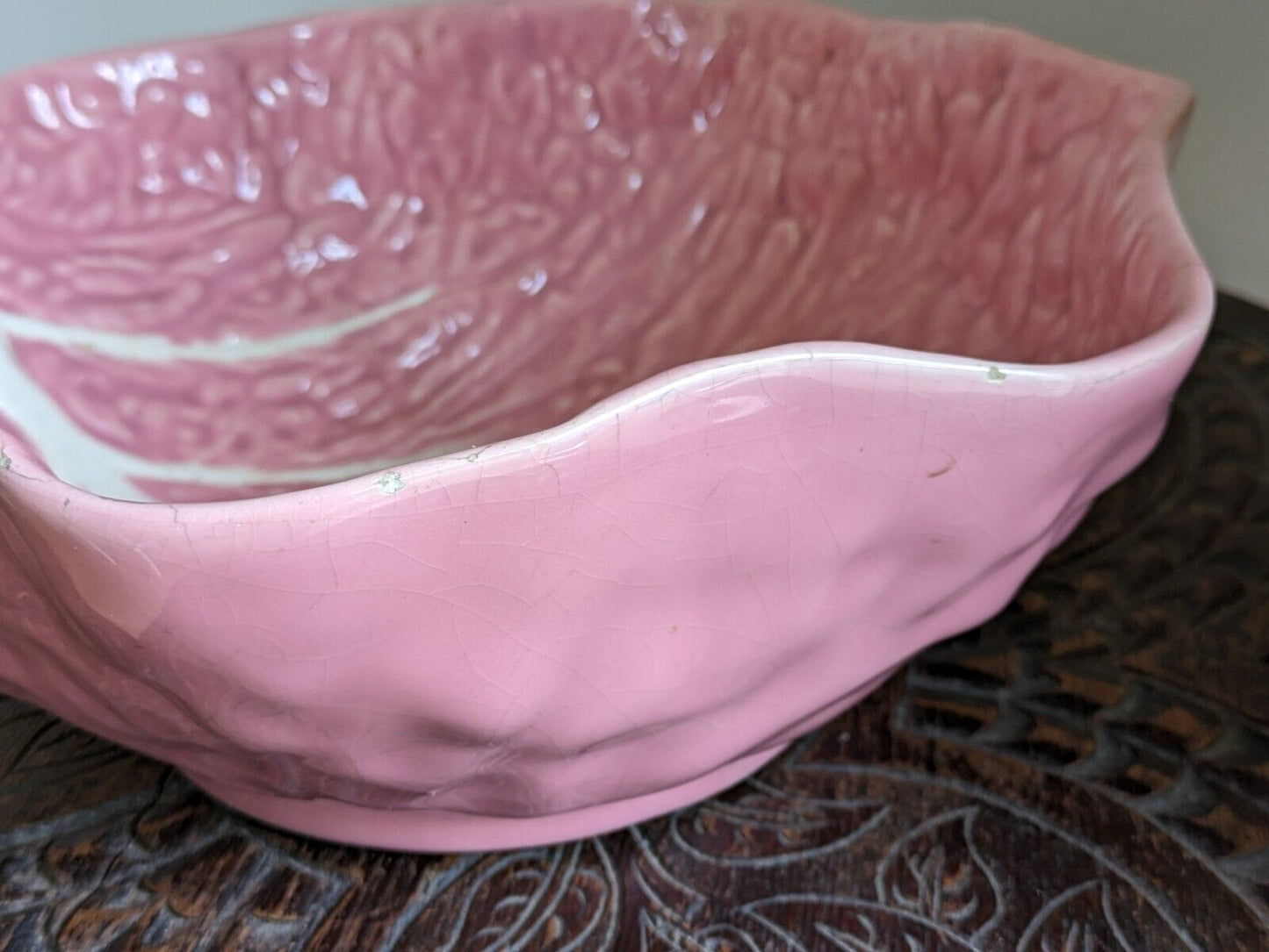 Vintage Faianca Subtil Pink Cabbage Large Leaf Vegetable Bowl Portugal Serving