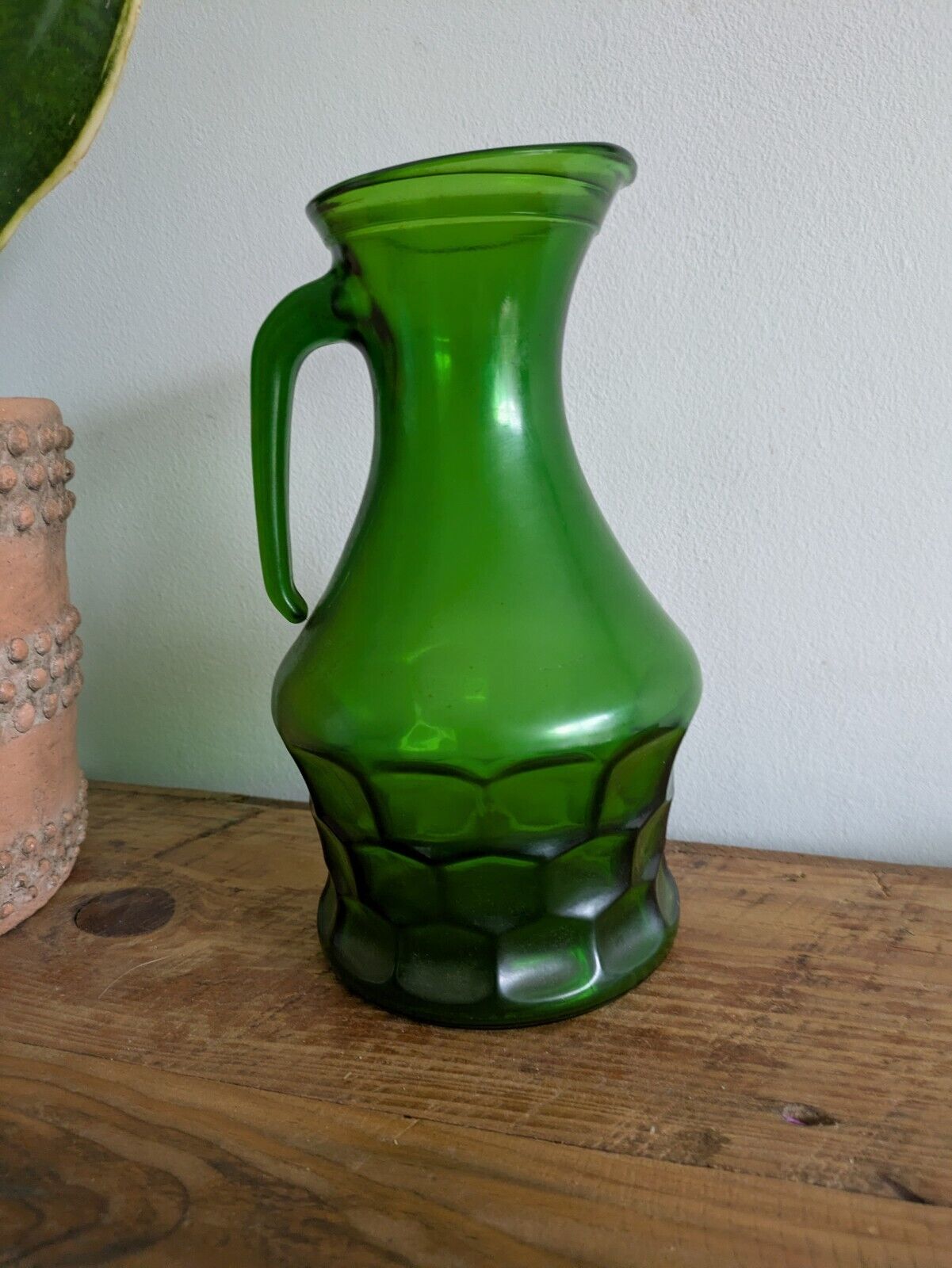 Vintage Italian Bormioli Green Glass Carafe Pitcher Vase Honeycomb Pattern Prop