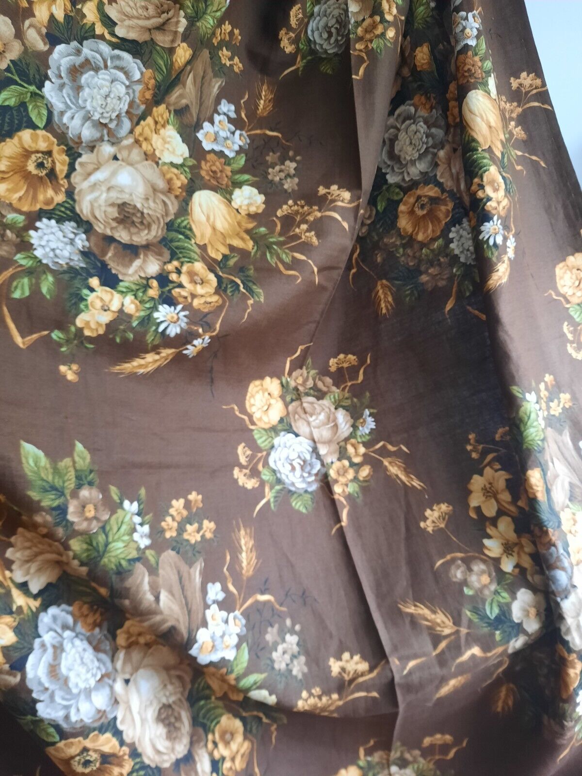 Vtg Moygashell Curtain Brown Fabric Thick 245cmLX 130cmW Retro Rose Floral