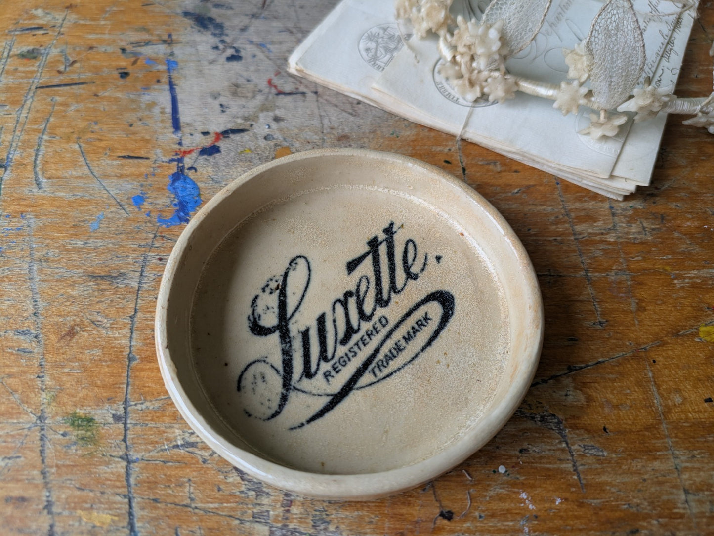 Old Vintage Antique Printed Pottery Ceramic Sign Tip Ashtray Luxette Soap Dish