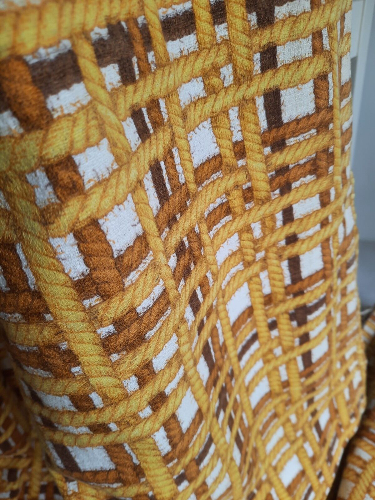 Pair of barkcloth Curtains Rope rare retro vintage braided trompe-l’oeil Rare