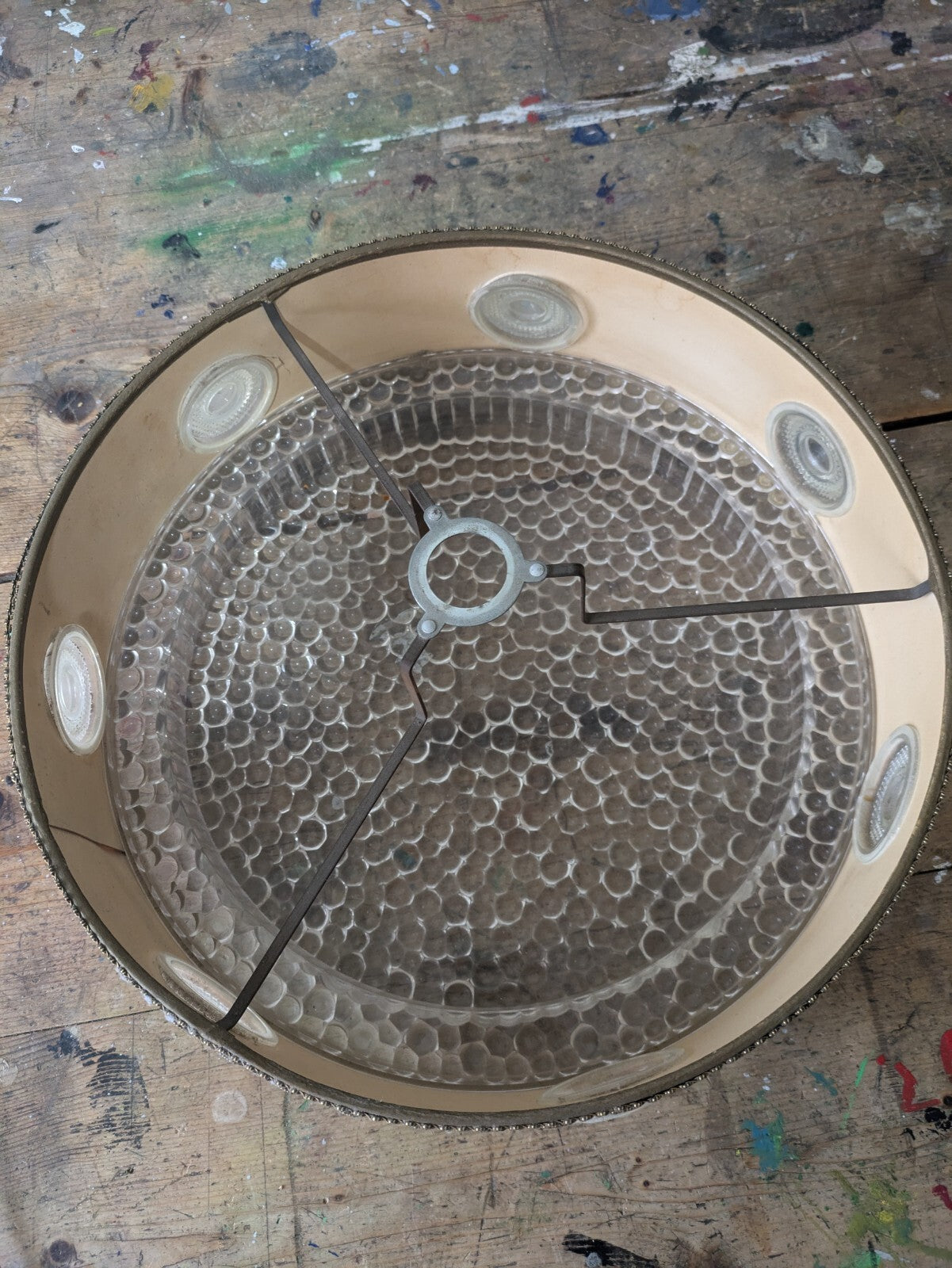MID CENTURY 60S VTG RETRO FABRIC KNOBBLY PLASTIC SCANDI CEILING LIGHT LAMP SHADE