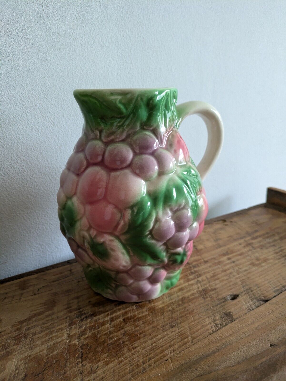 Large Vintage Salins Les Bains-style Barbotine Majolica Fruit Pattern Jug 19cm