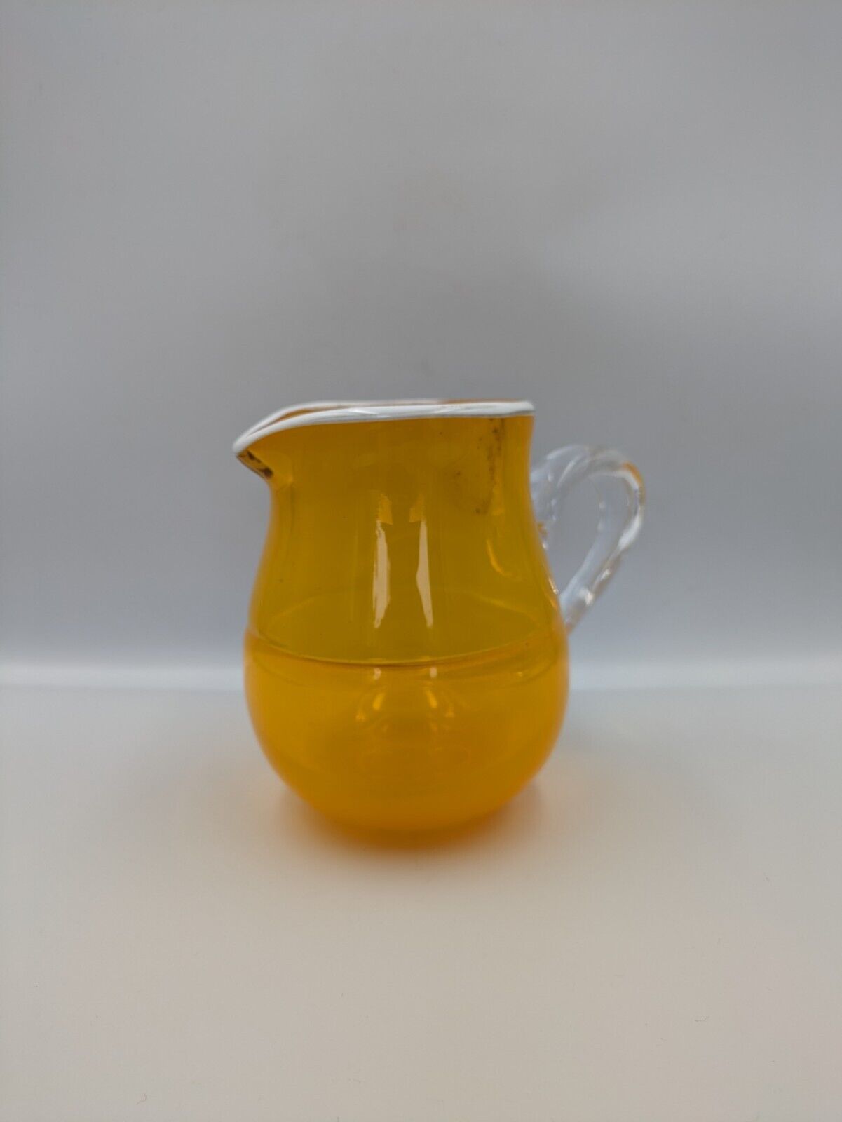 Hand Blown Glass Yellow Pinch Pitcher Applied Handle White Rim American Rare Vgc