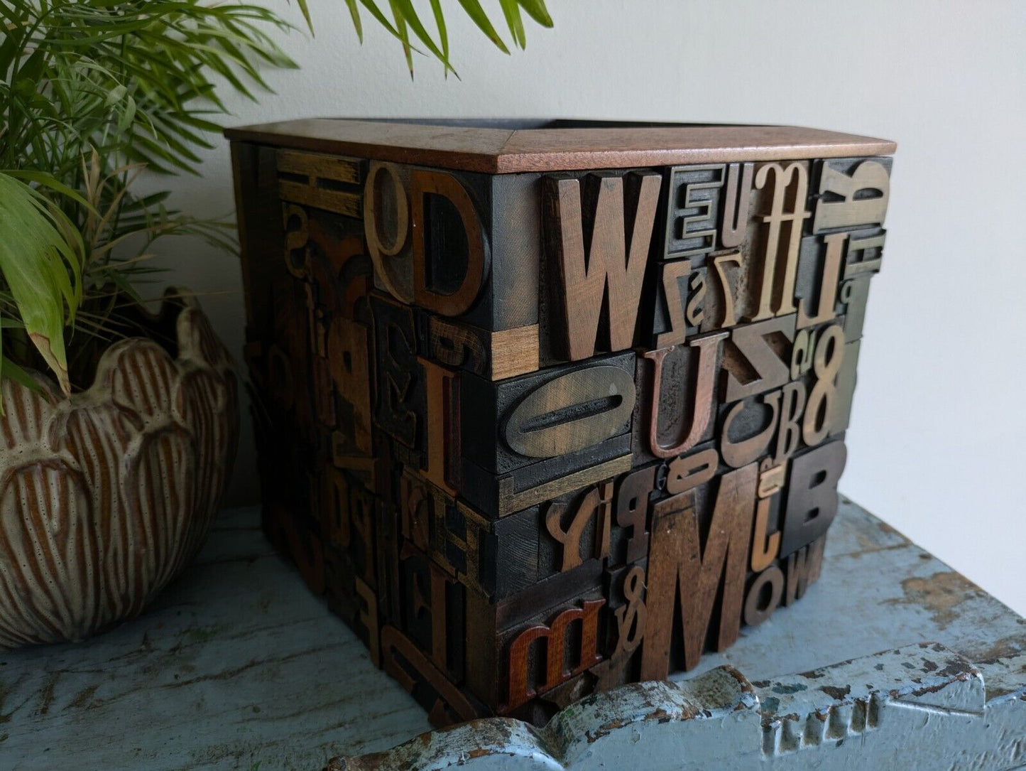 Large Vintage Antique letterpress wooden Printing Blocks Mosaic Planter Pot Bin
