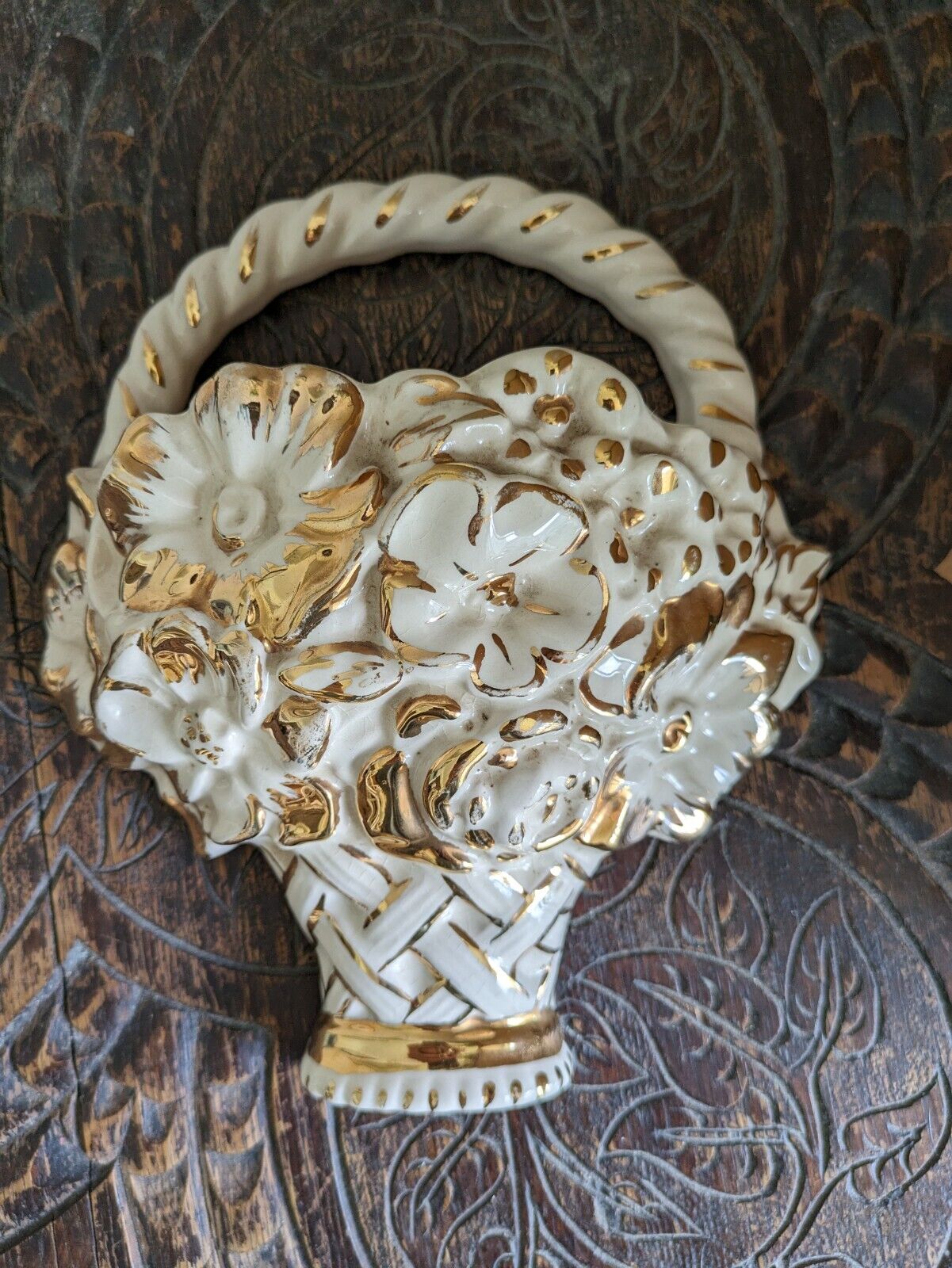 Kensington Ware Floral Wall Pocket White Gold 1920s 30s Ceramic Vase Decor Vtg