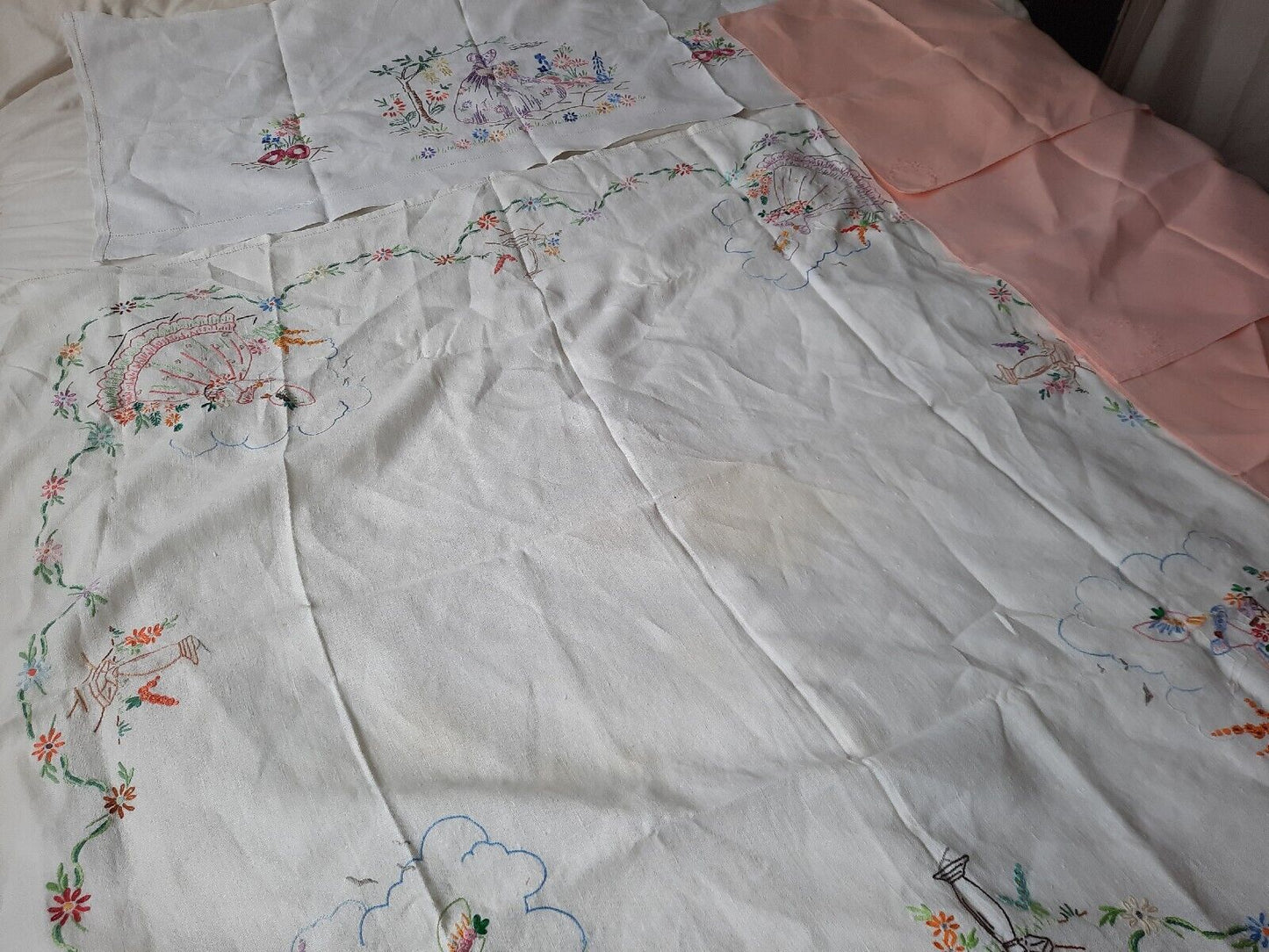 Job lot vtg embroidered retro table cloths cotton floral runner crinoline lady!!