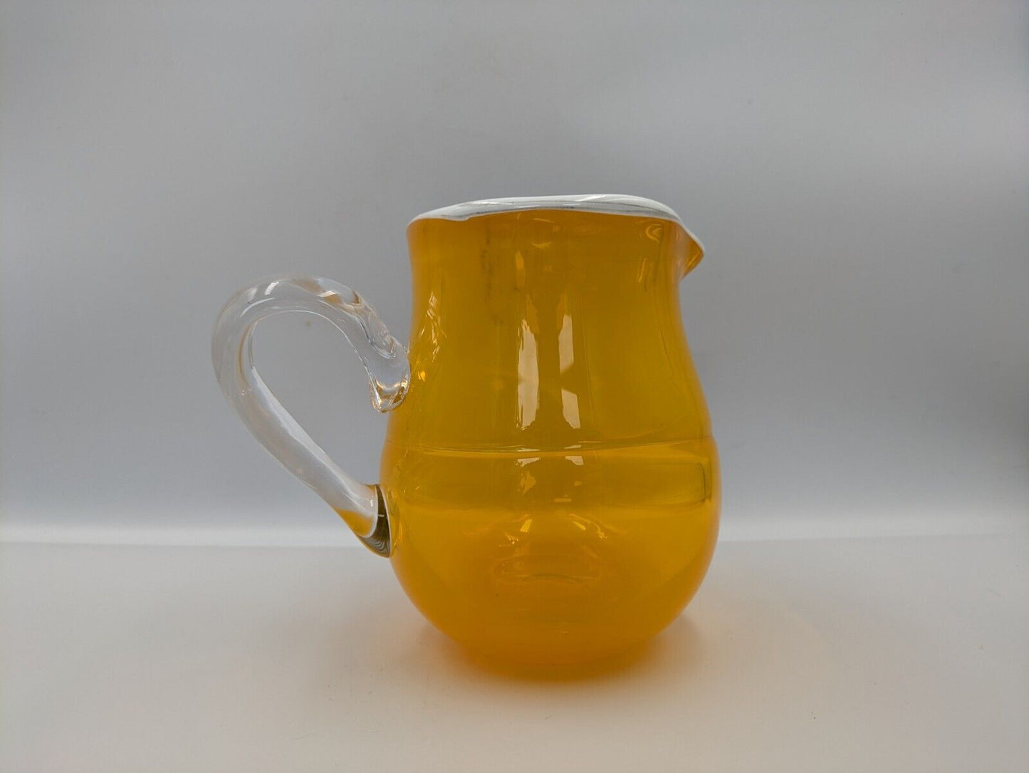Hand Blown Glass Yellow Pinch Pitcher Applied Handle White Rim American Rare Vgc