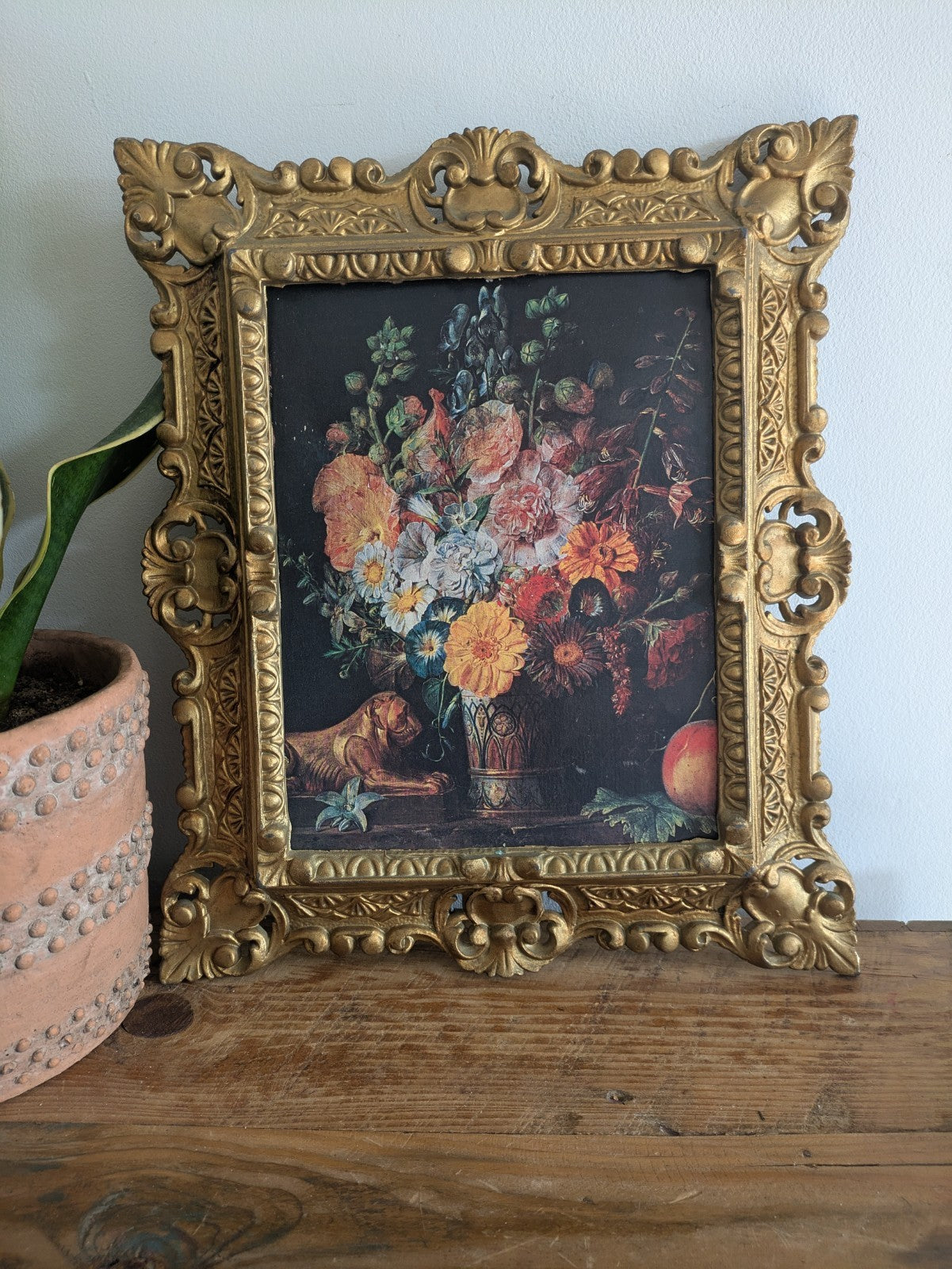 Vtg Gold Gilt Ornate Deep Carved Faux Wood Frame Floral Art Print Italy Grifo