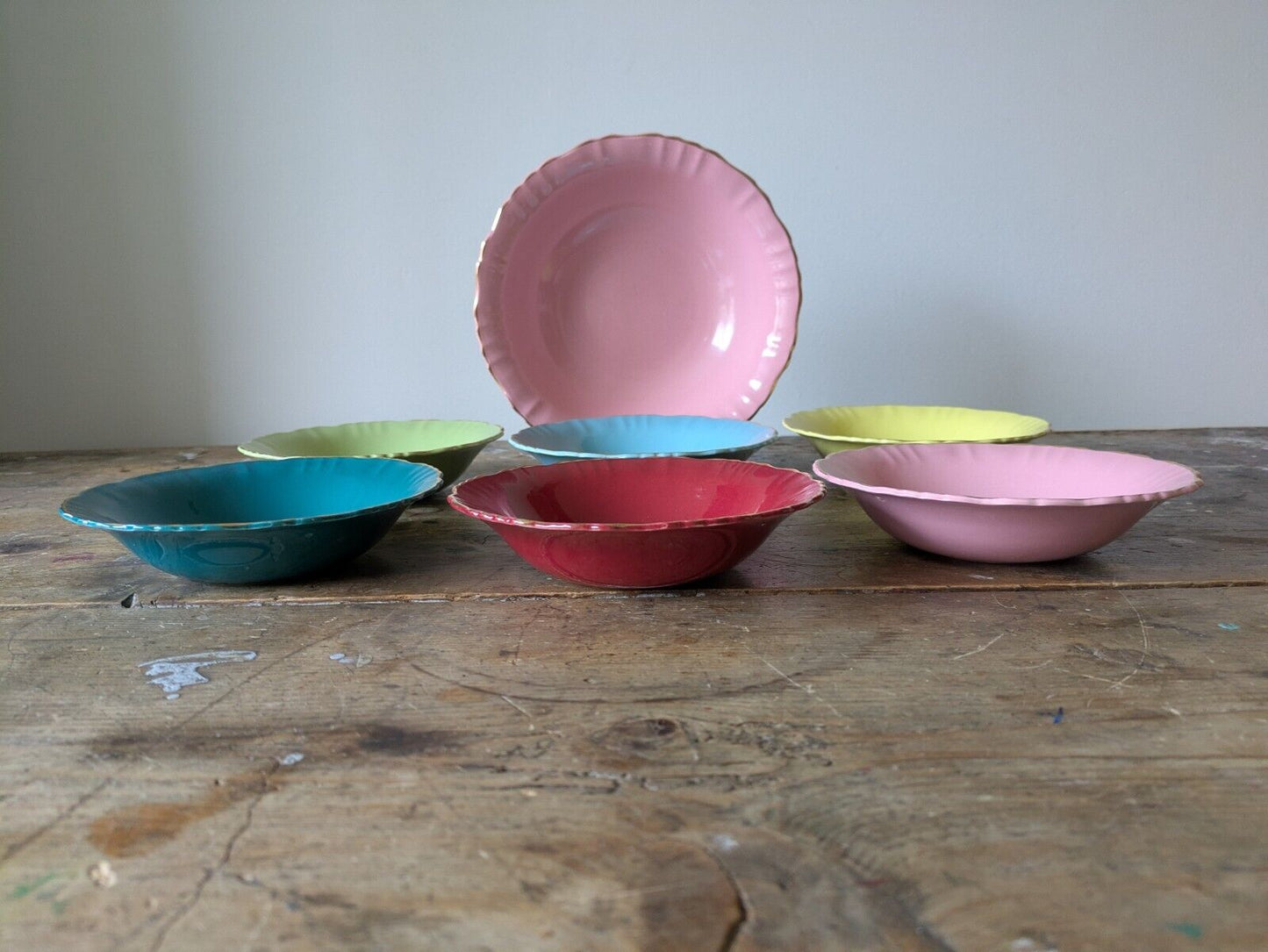 Rare set of Bowls Serving Dinner Old Foley Gaiety 6720 Multi Coloured Gilt Vtg