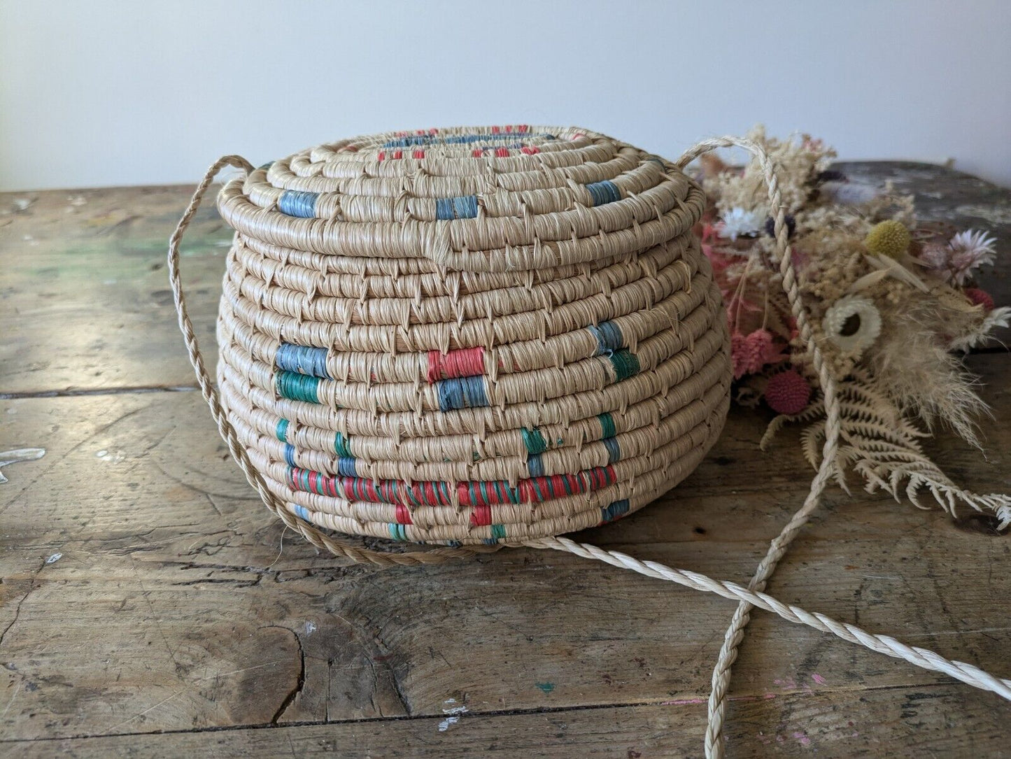 Vintage Native American Woven Coil Oval Basket Lid String Raffia Coloured Bag