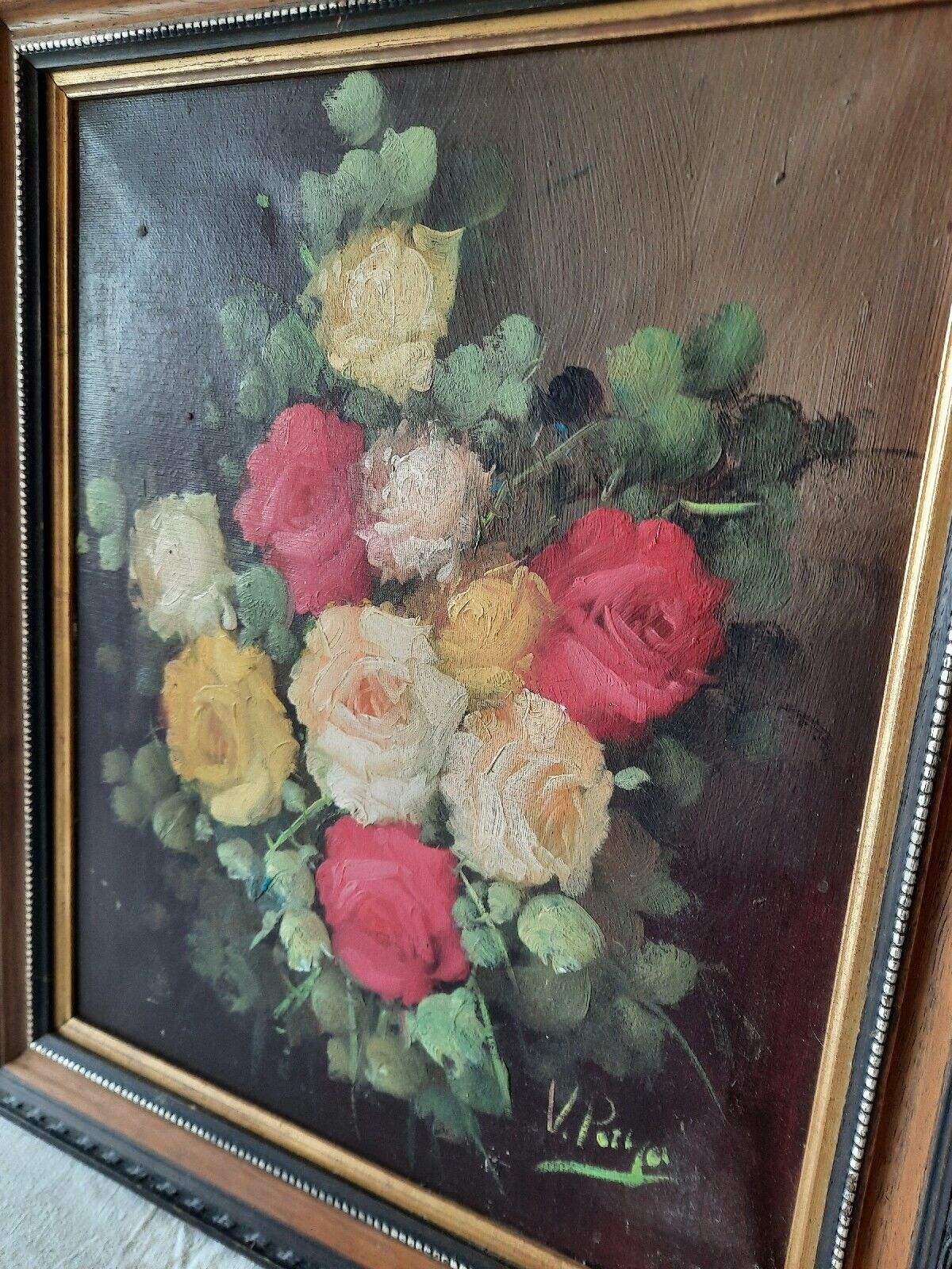 Large Original Vintage Antique Still Life Of Roses Oil On Canvas Painting Antiqu