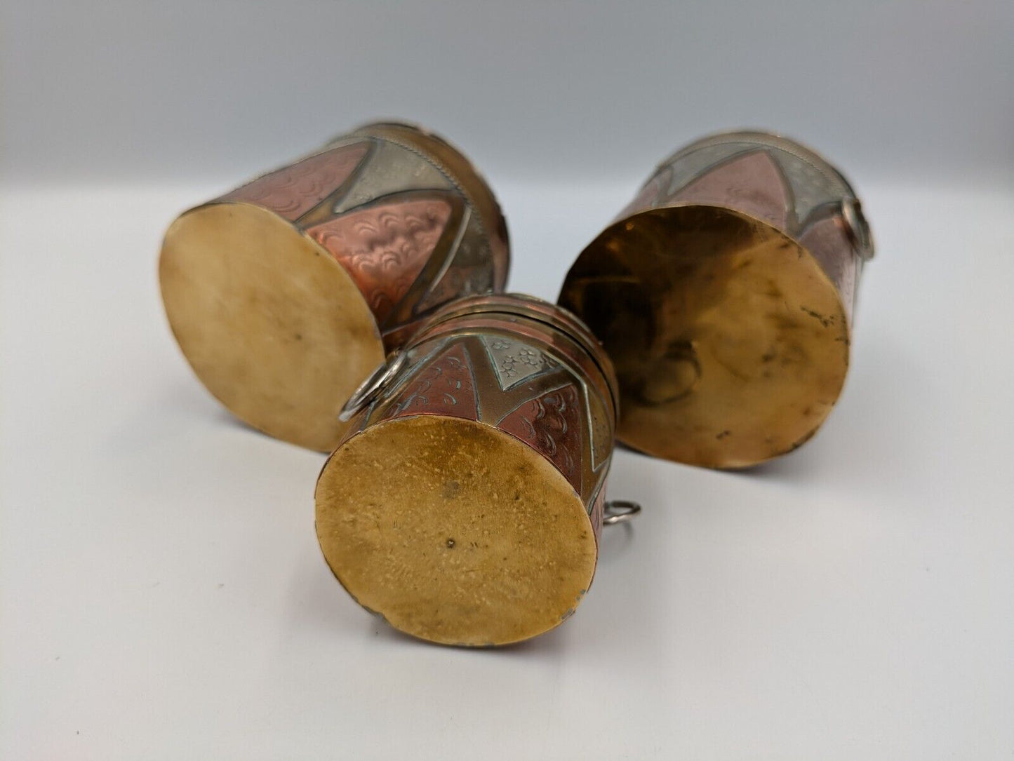 SET OF 3 VTG ISLAMIC PERSIAN COPPER BRASS MIXED METALS SNUFF HANGING BOX GIFT