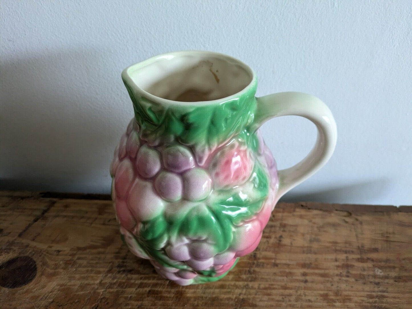 Large Vintage Salins Les Bains-style Barbotine Majolica Fruit Pattern Jug 19cm