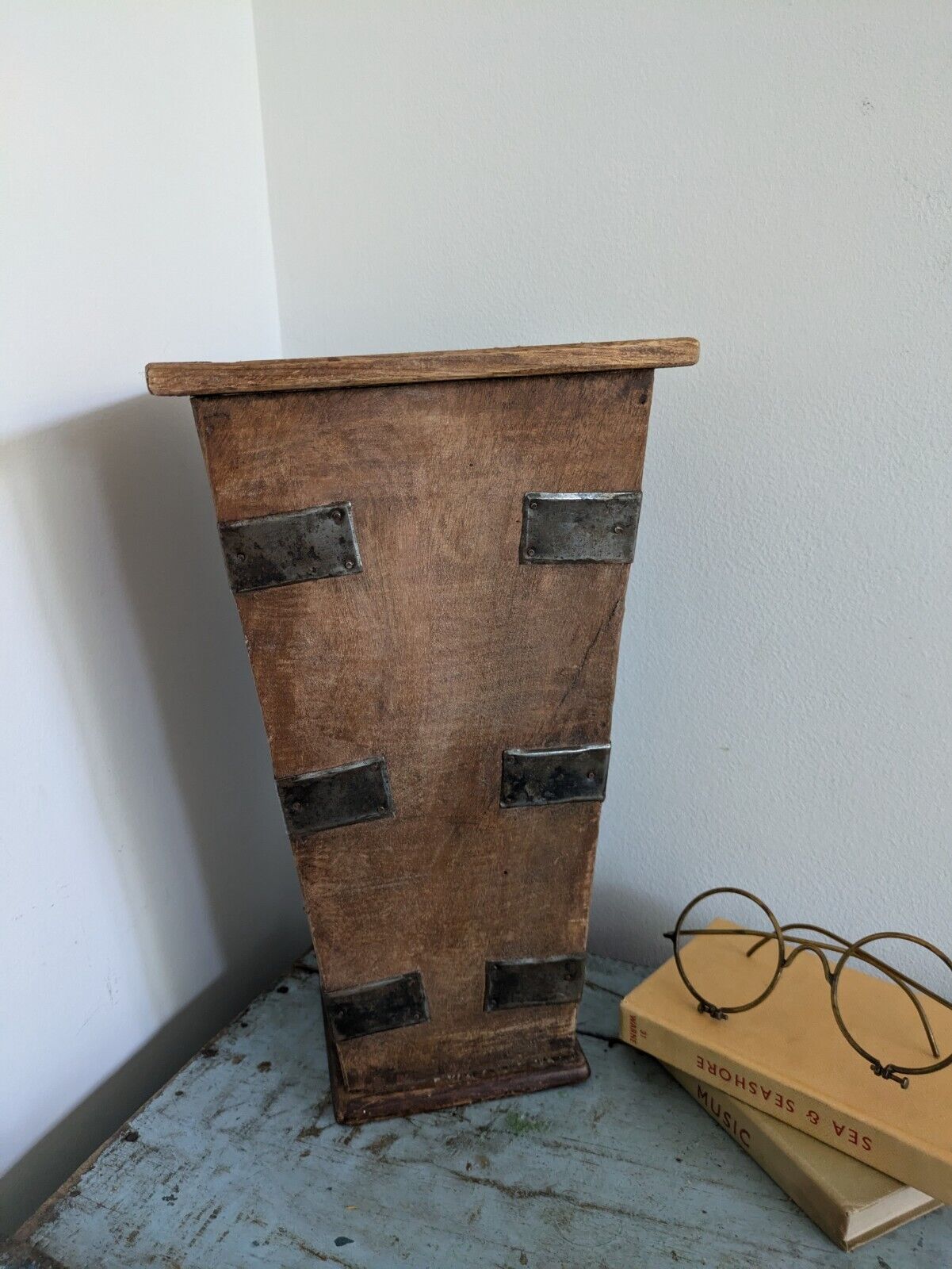 Vintage Old Handcrafted Iron Fitted Wooden Flower Pot / Planter Collectible Tall