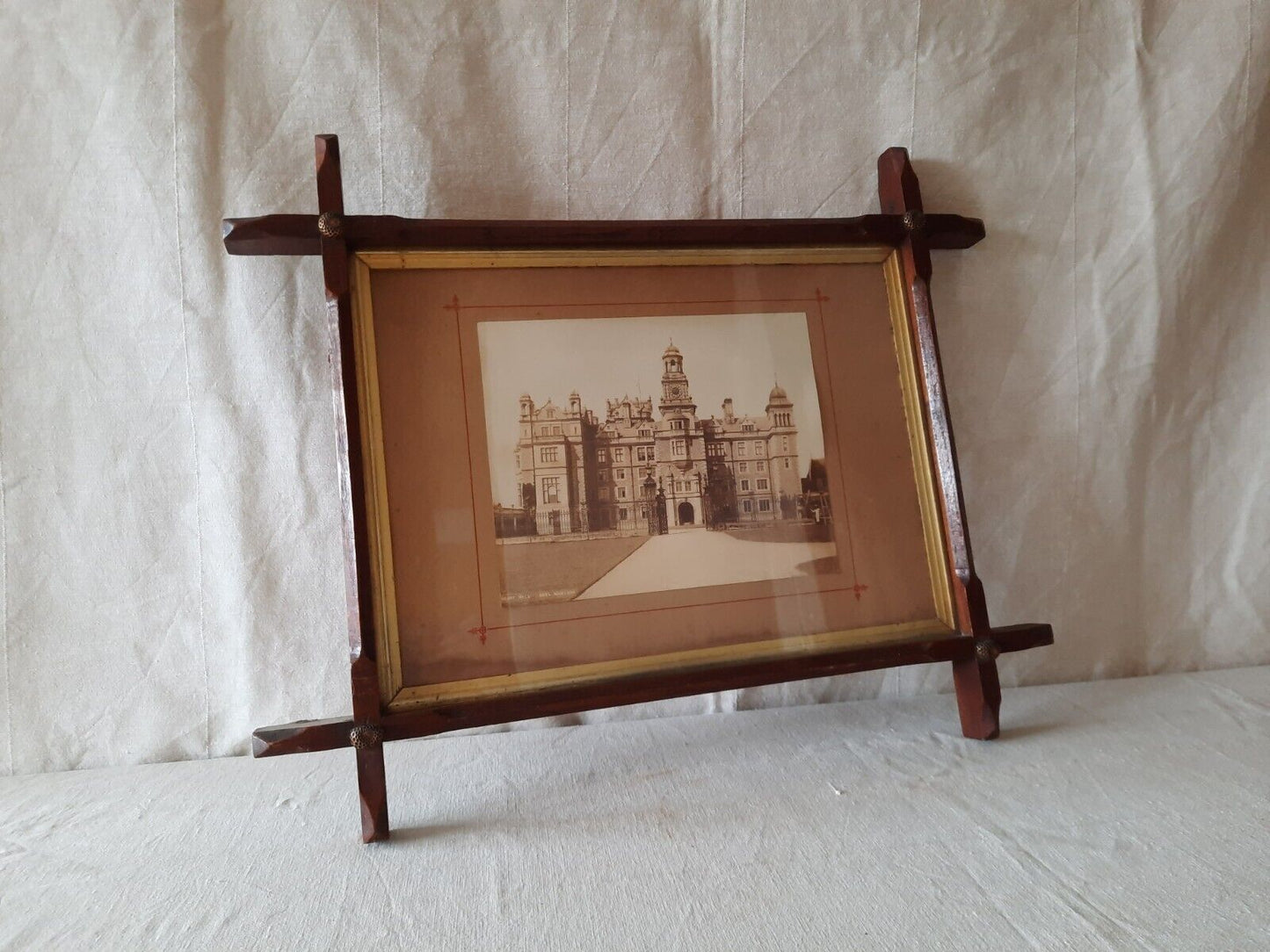 Antique Tramp Art Frame with Resby Hall inset wooden rare 19th century oak coppe