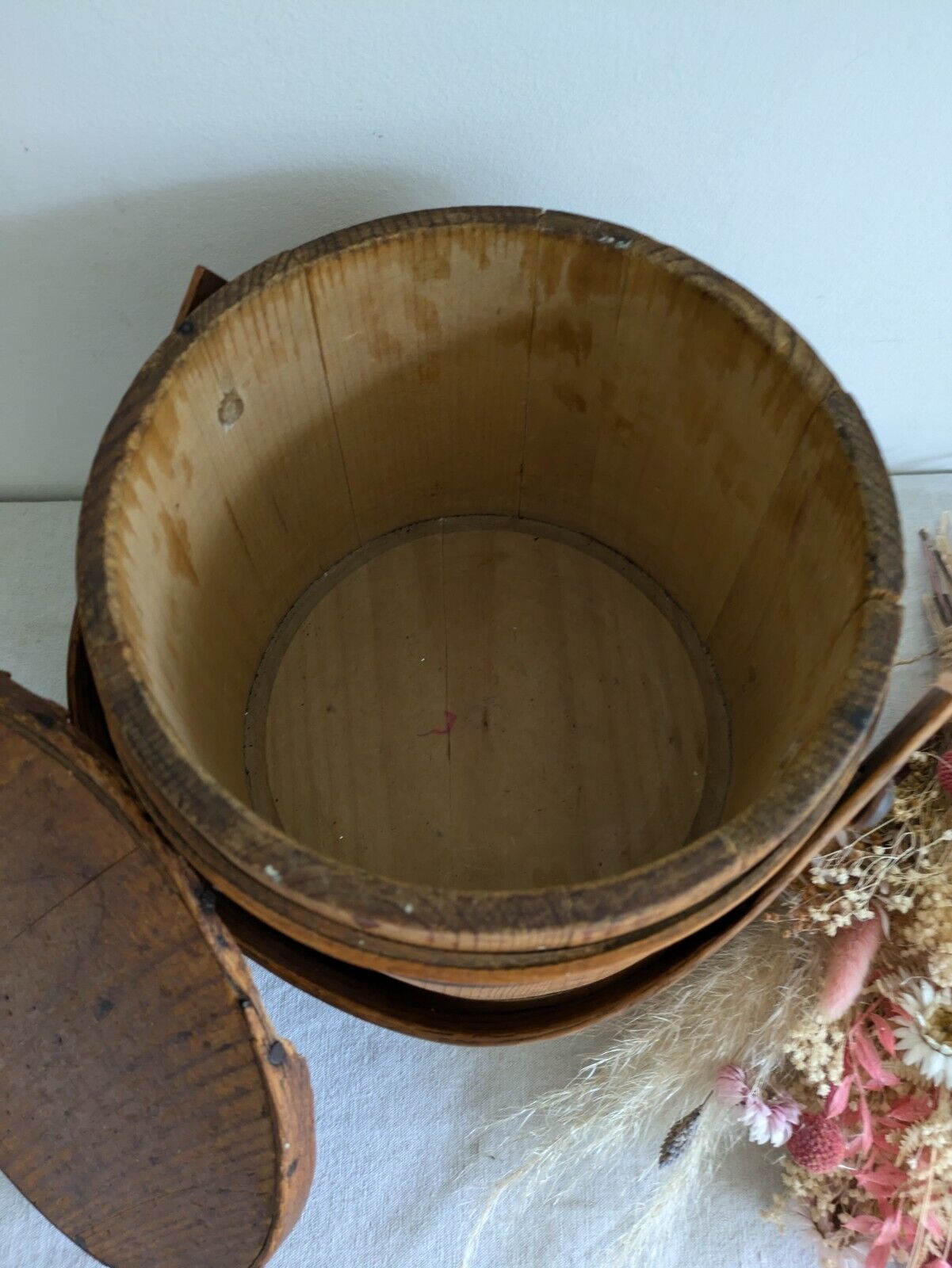 Vintage Wooden Firkin Sugar Bucket Lid Handle Primitive Pantry Pail 19th Century