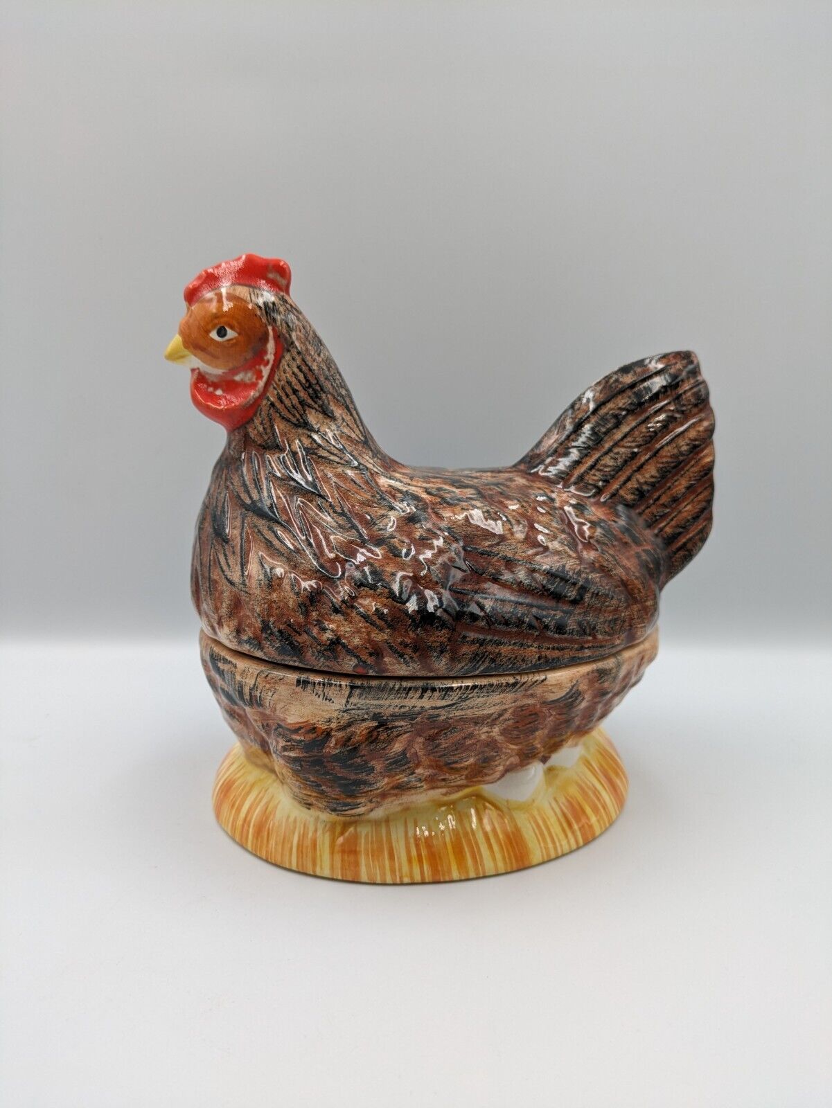 Vintage Michel Caugant French Faience Hen Figurine Pâté Terrine Dish Majolica