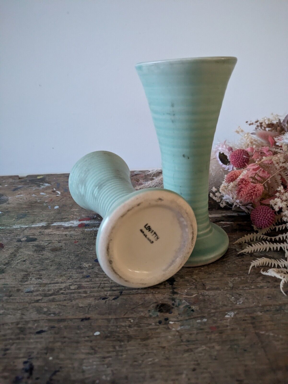 2x Lovatts Langley Pottery Ribbed Vase Windsor Green Vintage 1930's Pair Fluted