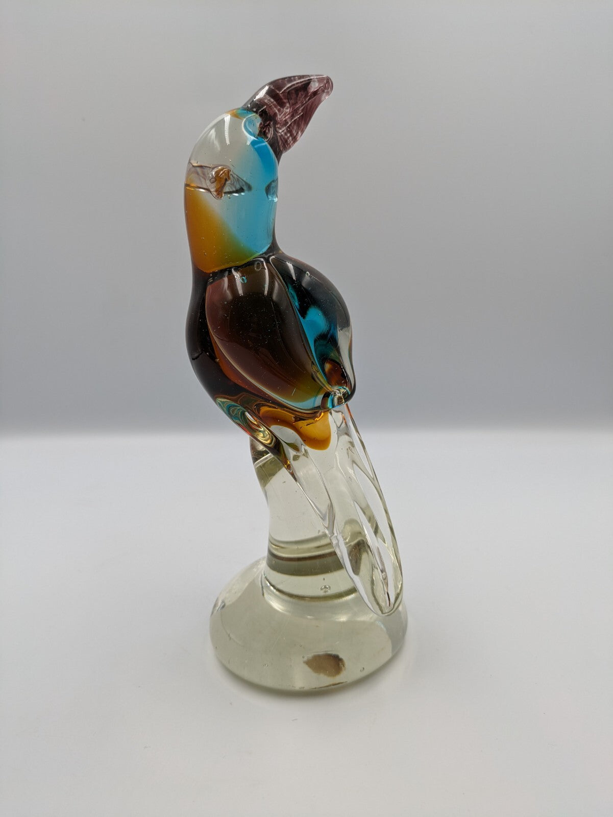 Large Murano Style Heavy Art Glass Brown Blue Bird Vtg Parrot Figurine 21.3cmH