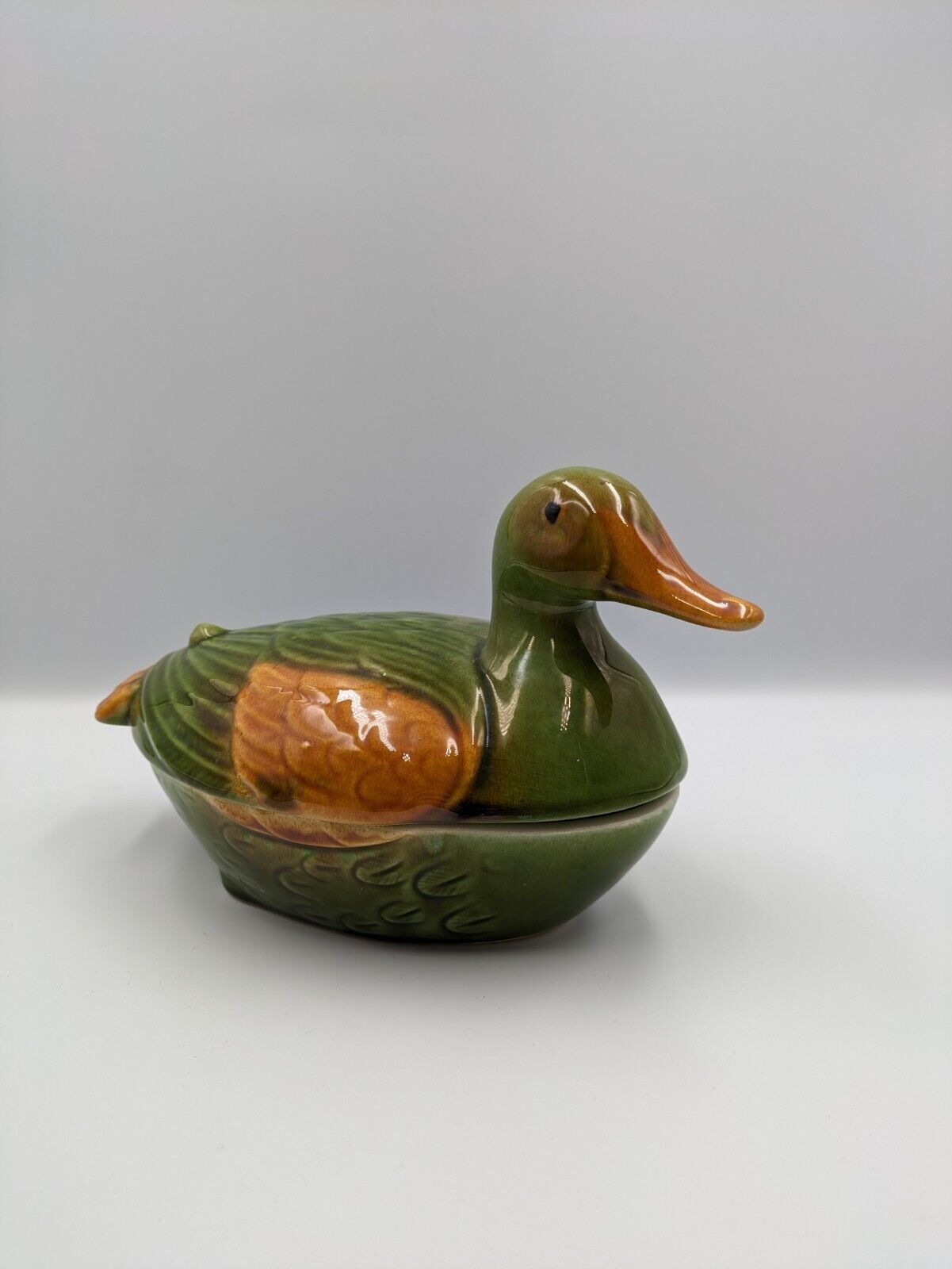 Ceramic WHAT'S VINCENT CADEAUX DUCK Egg Holder Tureen Pottery Green Bird Rare
