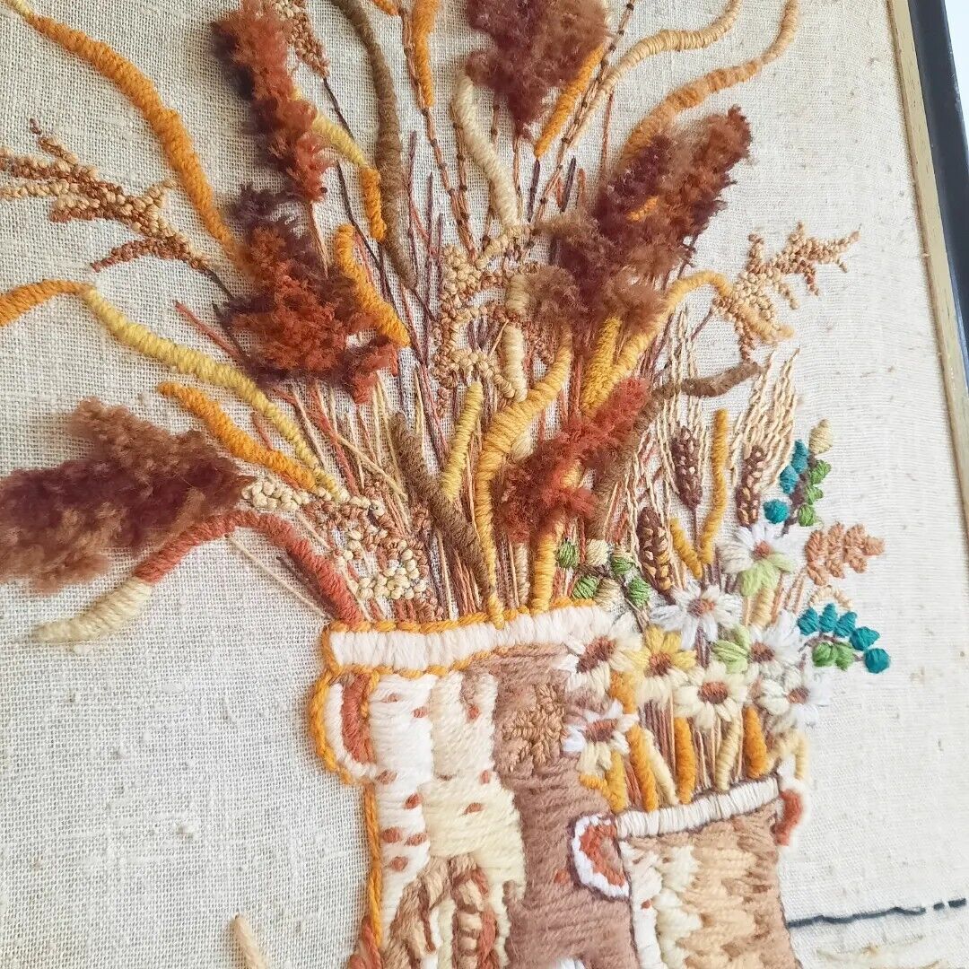 Large Vintage Framed Crewel Embroidery Floral Picture Bouquet Retro Stump Work