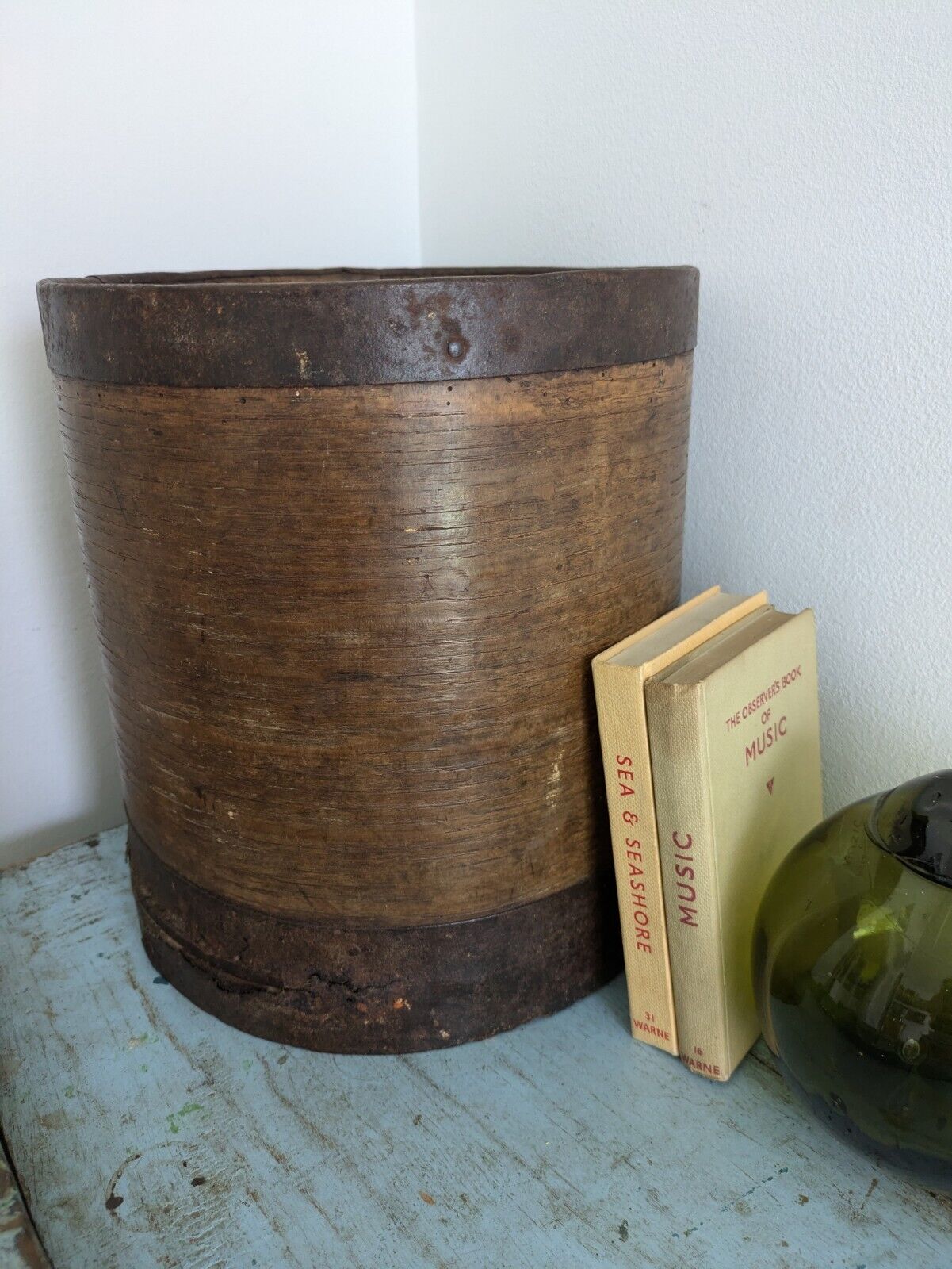 Vintage Bentwood Primitive Heavy Iron Grain Measure Pot Handmade Banded Metal