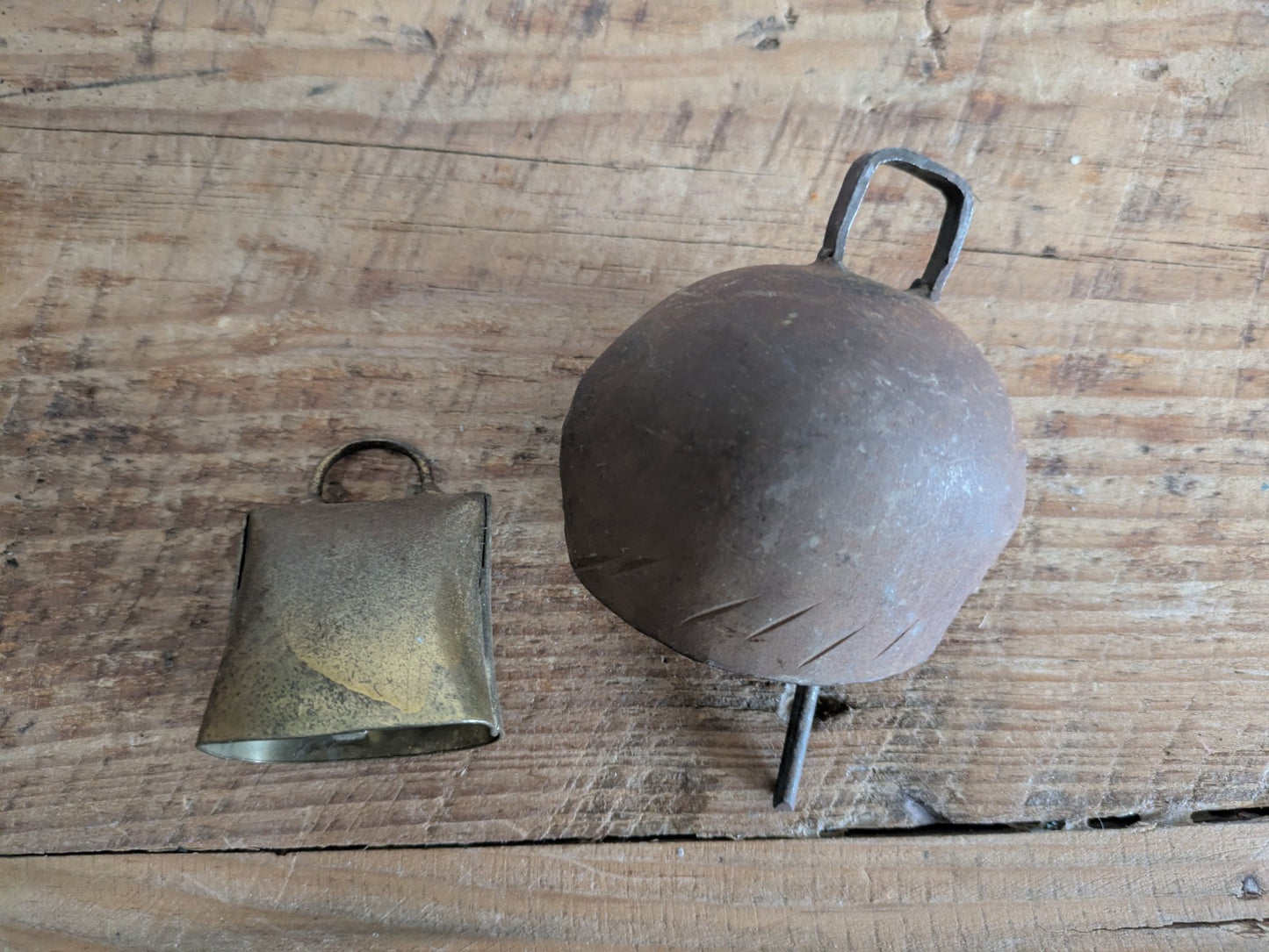 2x Antique Cow Cattle Metal Bell Vintage Cast Iron Far East Old Ringer Primitive