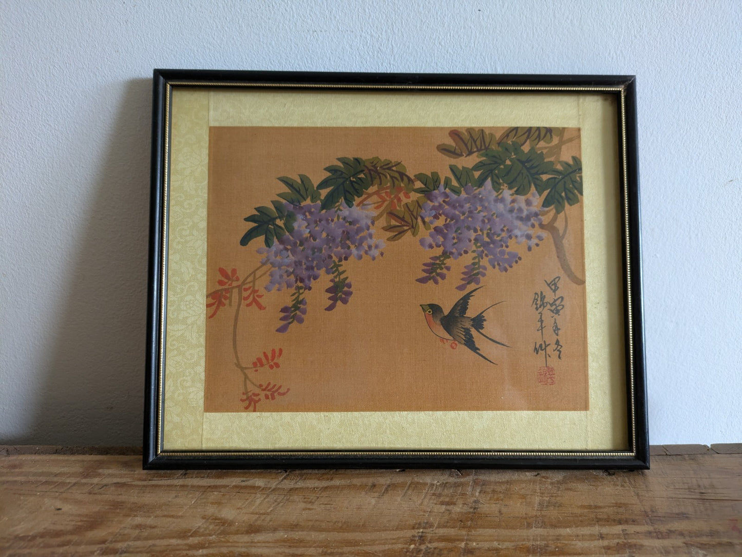 Antique Swallows & Wisteria Ohara Koson JAPANESE SIGNED PAINTING ON SILK FRAMED