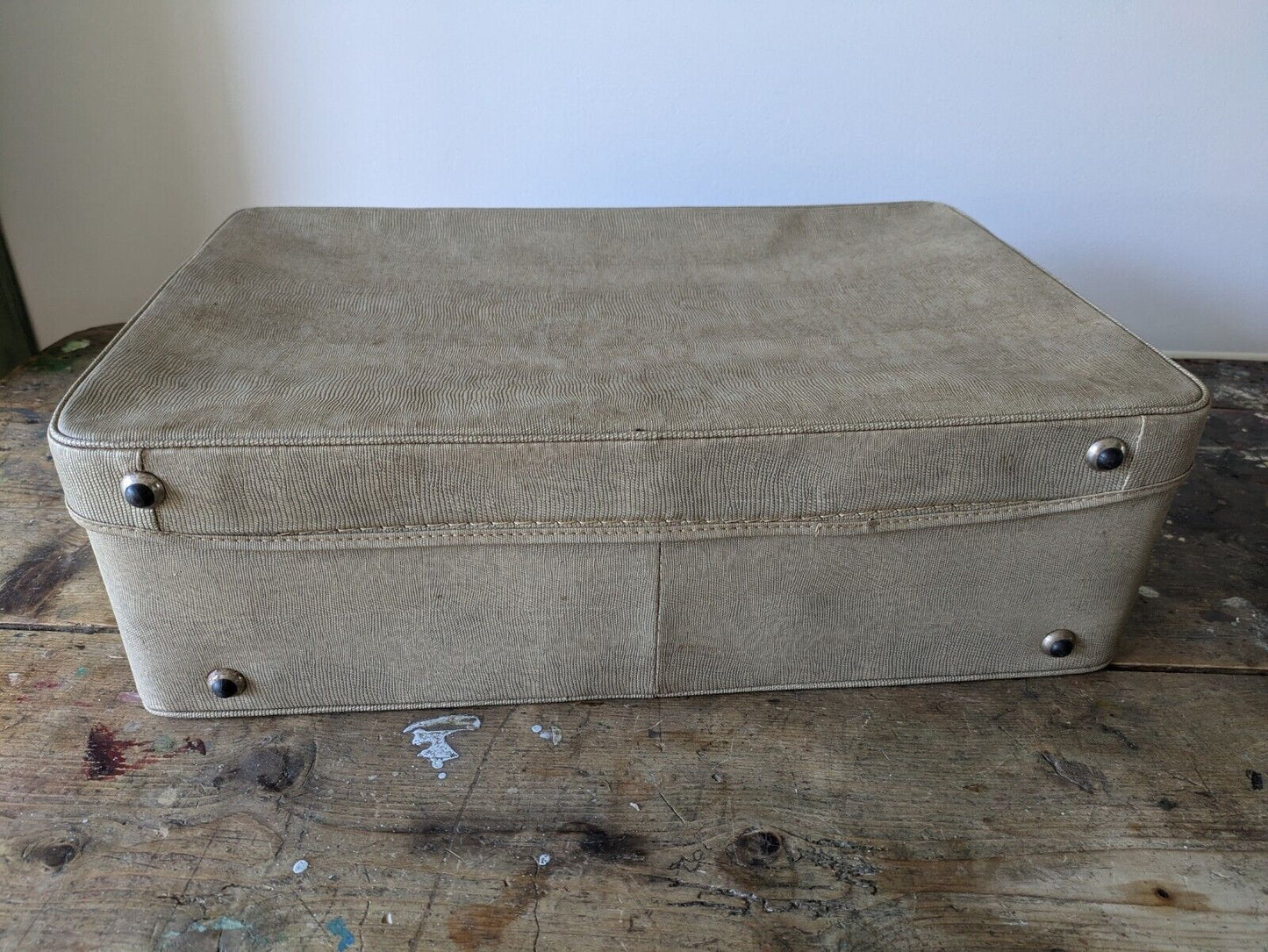 Vintage Faux Animal Skin Suitcase Beige Off White Cream Retro Luggage Prop Vgc