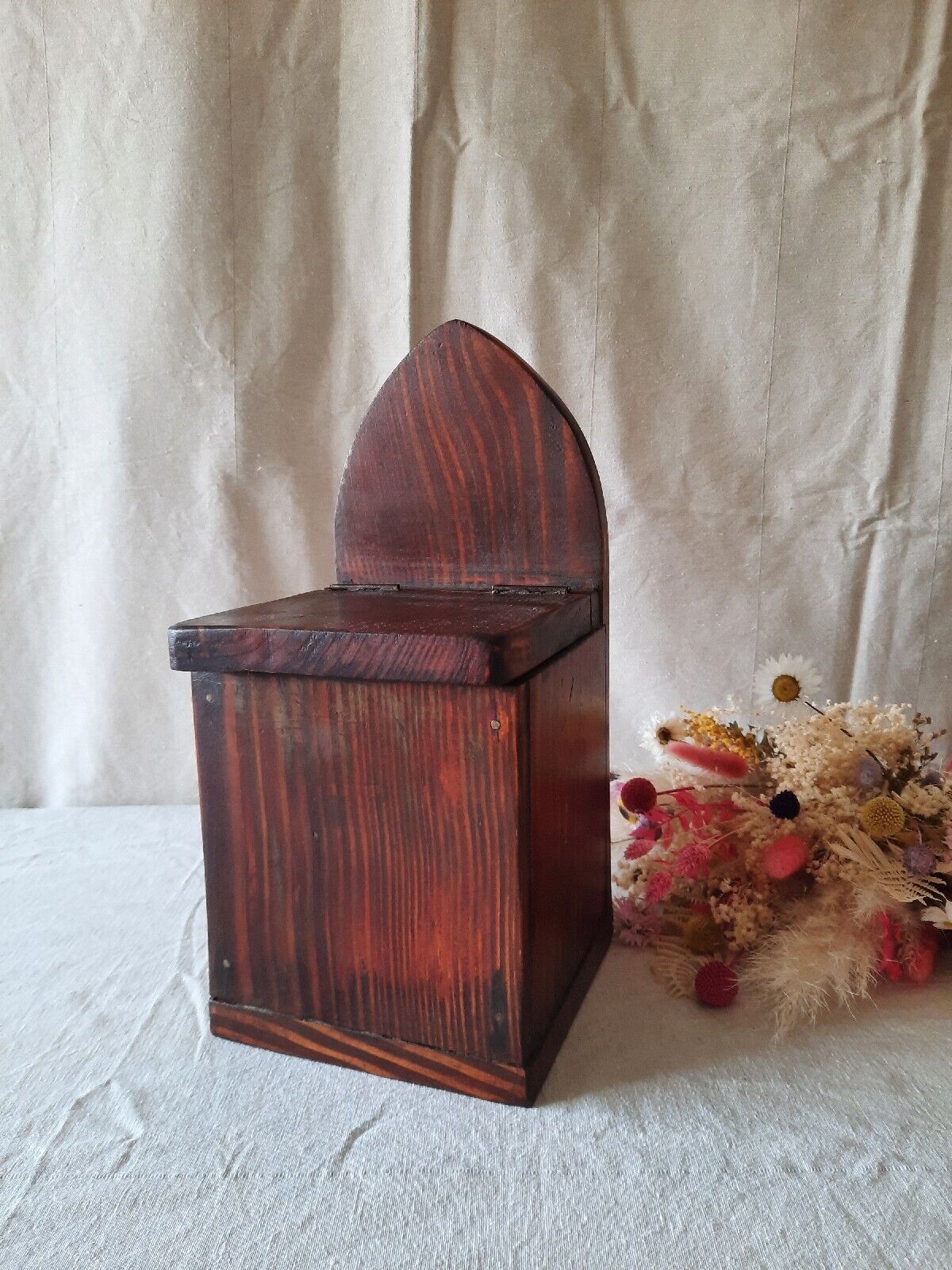 Antique Vintage Pine Candle Salt Box wall sconce keys Gothic original old shelf
