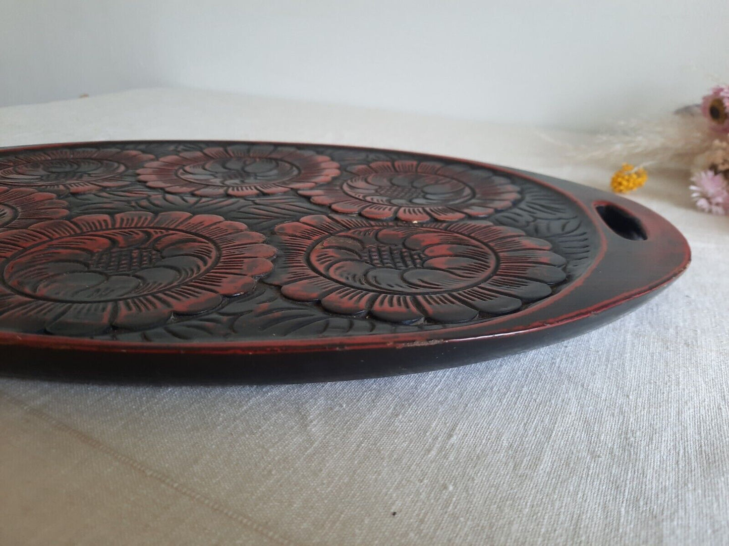 Japanese Obon Tray Lacquer Vintage Kamakura Tradition carve Large Rare Floral