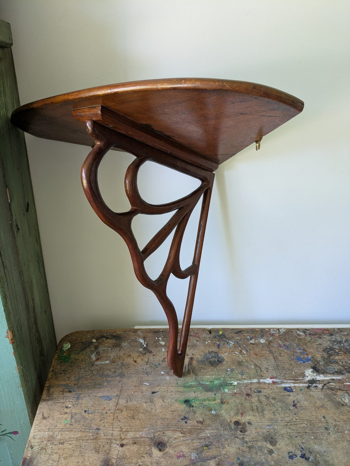 Antique Mahogany Art Nouveau C1890 Hanging Corner Shelf Wood Scroll Victorian