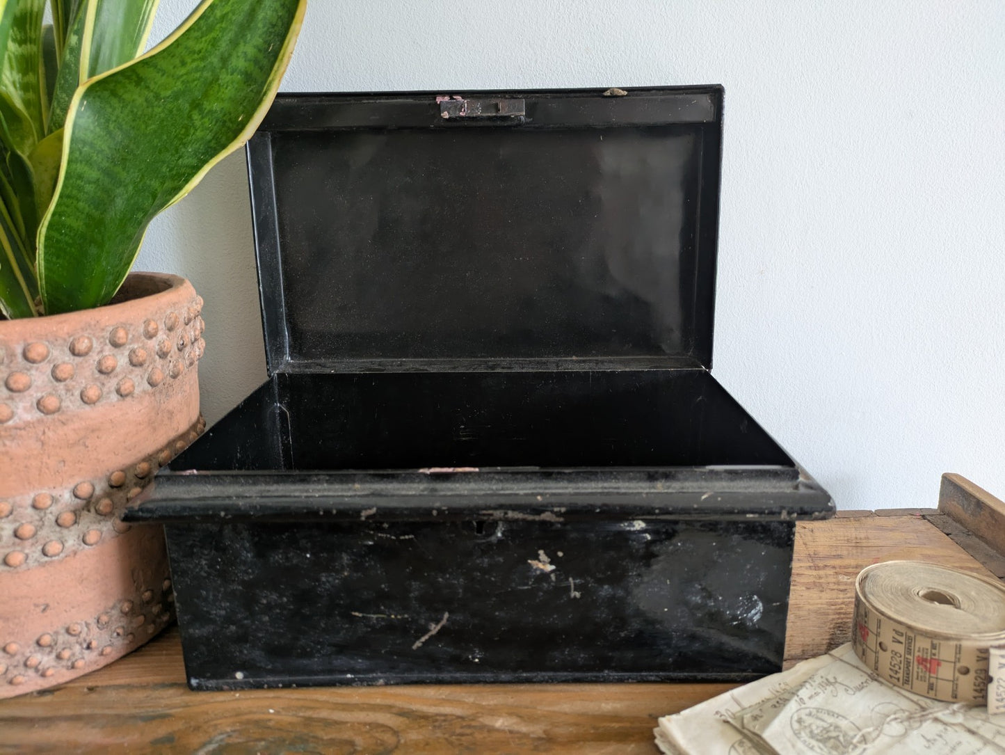 Vintage Metal Box Document Deed BOX Black Latch Hinged Lid Medium Cash Tin File