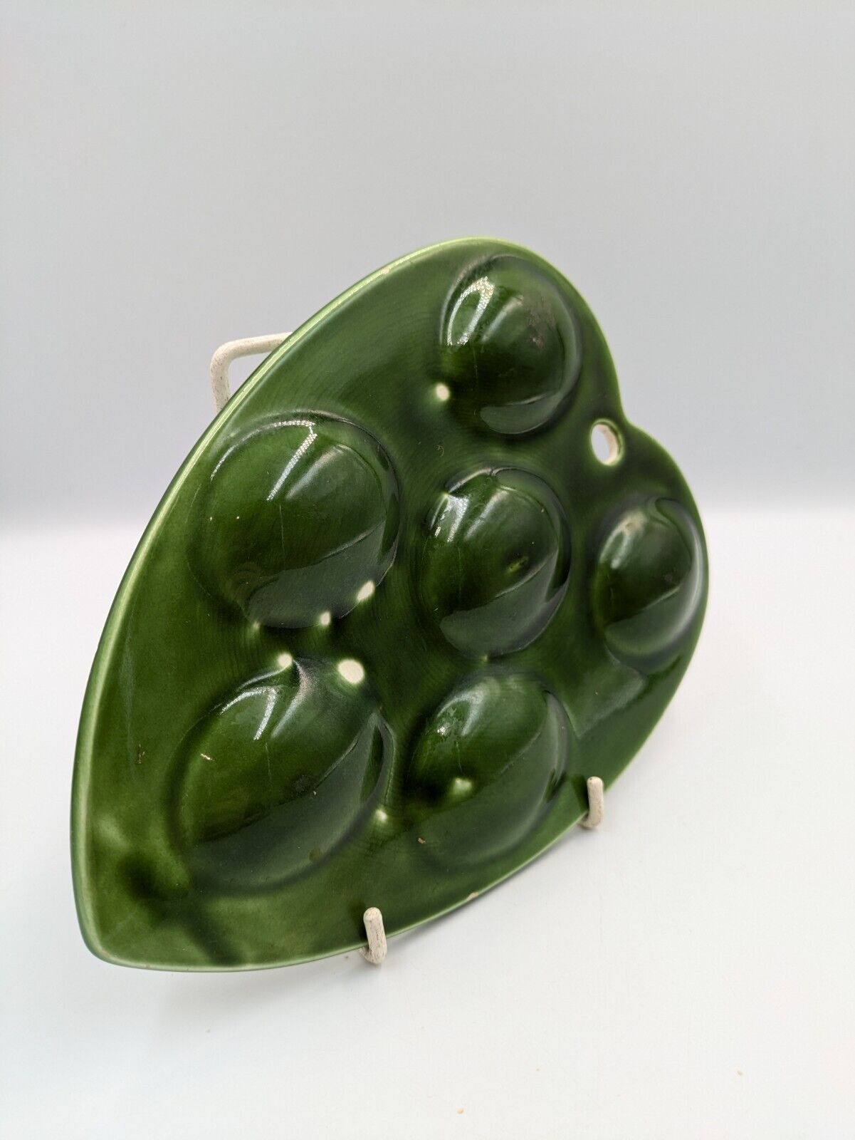 Vintage Chicken Deviled Egg Tray Green Ceramic Dish Plate Hen Heart Leaf Rare