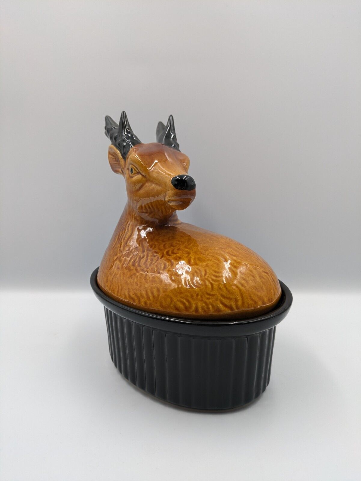 Vtg Majolica French Terrine Tureen Lid Pate Dish Ceramic Deer Game Stag Rare