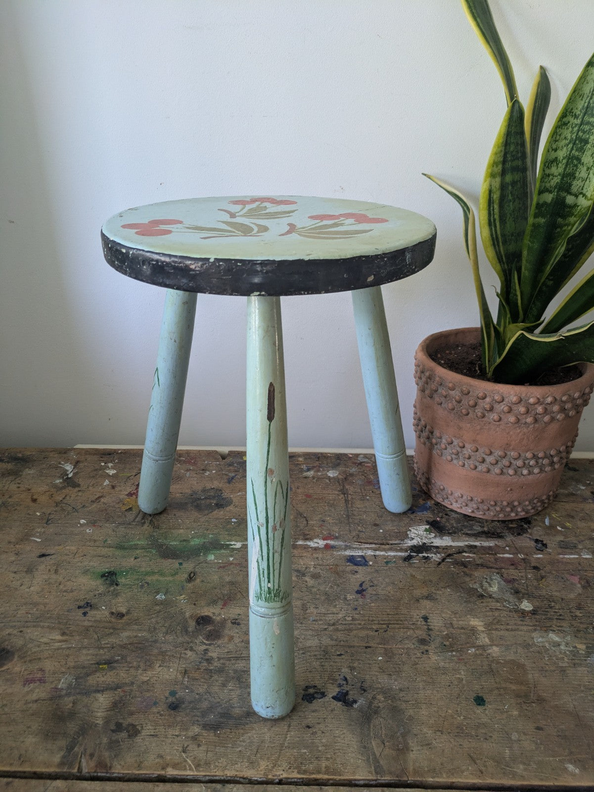Vintage Stool Folk Art Hand Painted Cherries Blue Chippy Original Antique Tripod