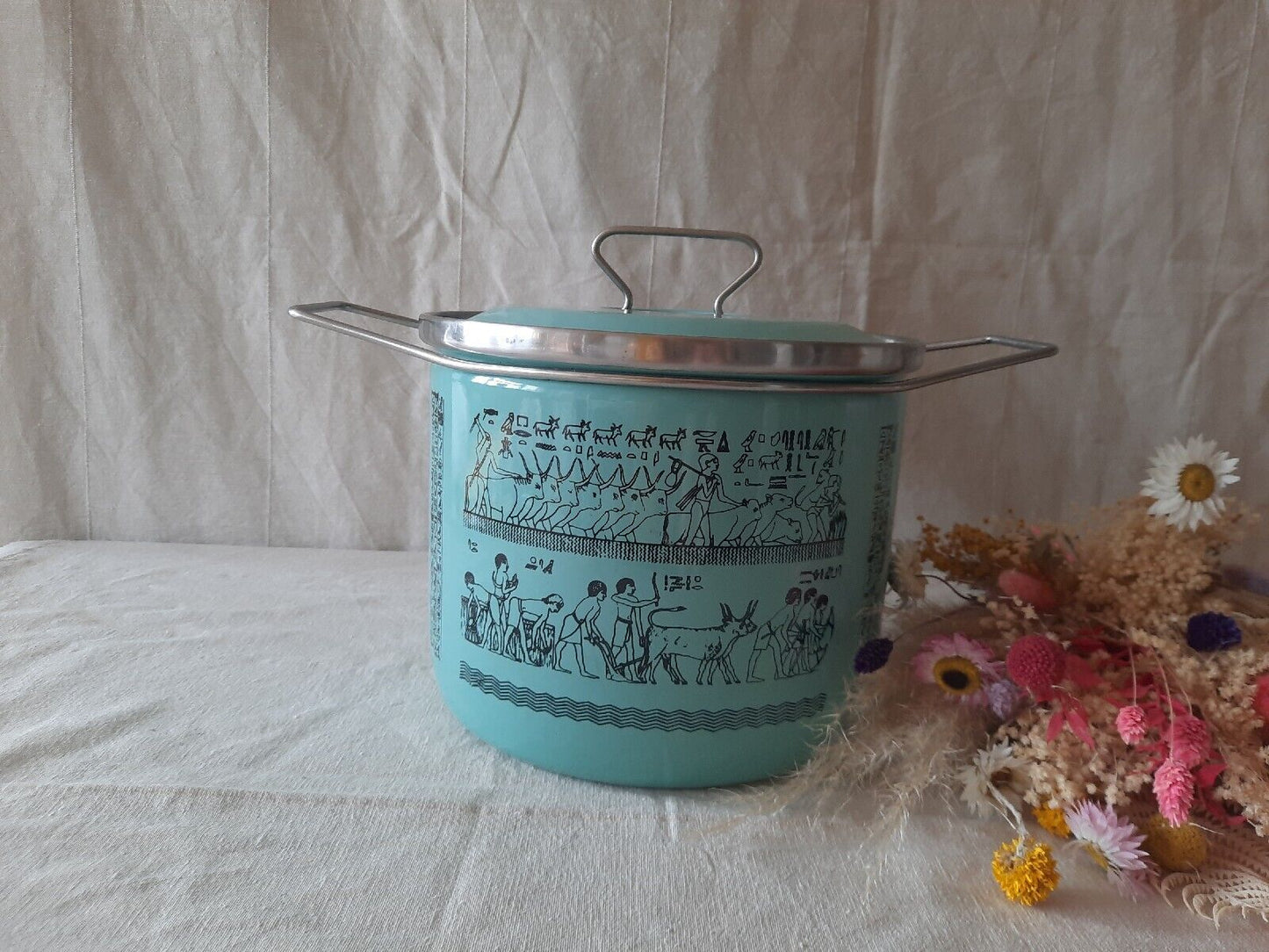 XL Pot in Metal Enamelled Turquoise Duck Egg Siltal Egyptian Design Vtg Retro MC